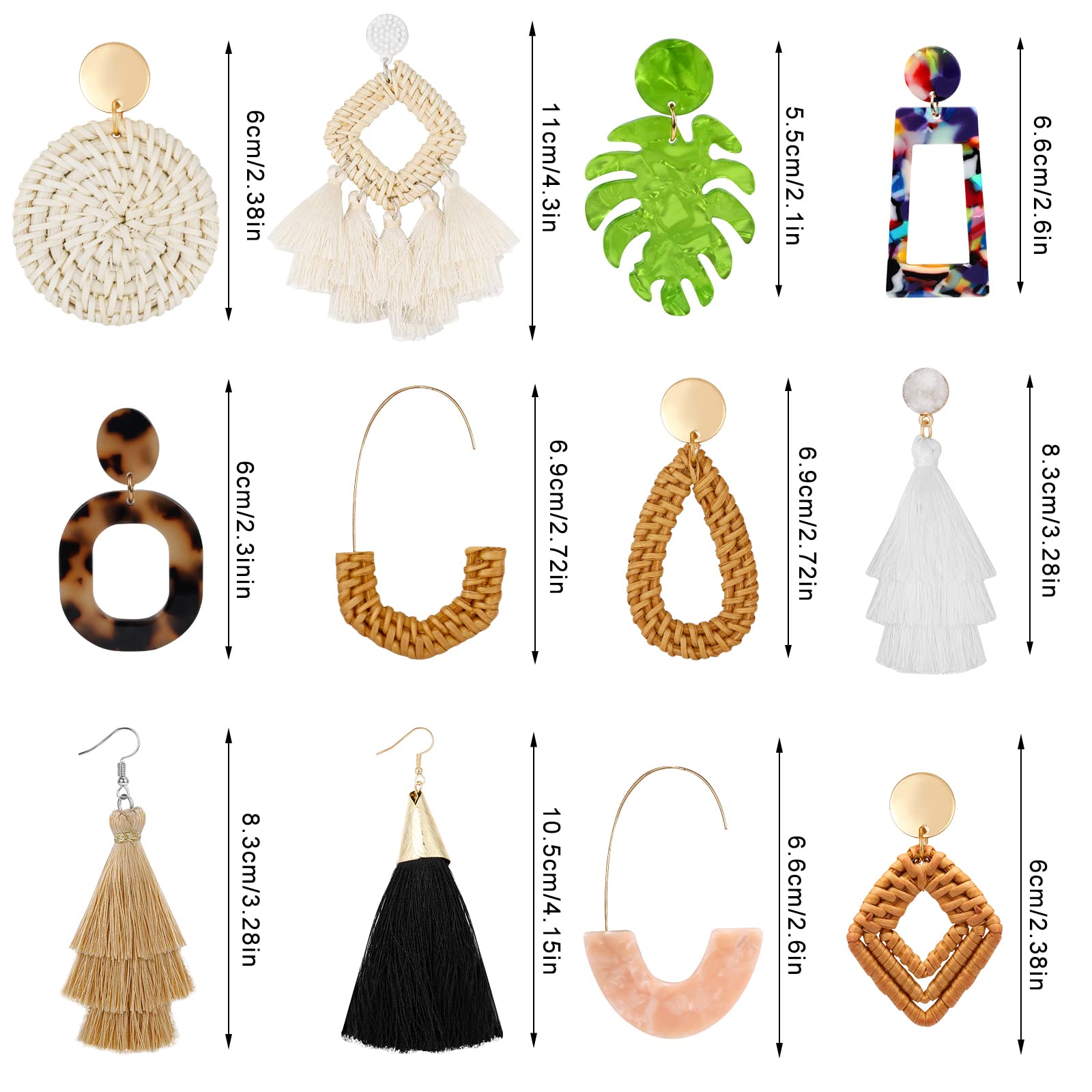 Hazms 9 Pairs Rattan Earrings Tassel Earrings for Women