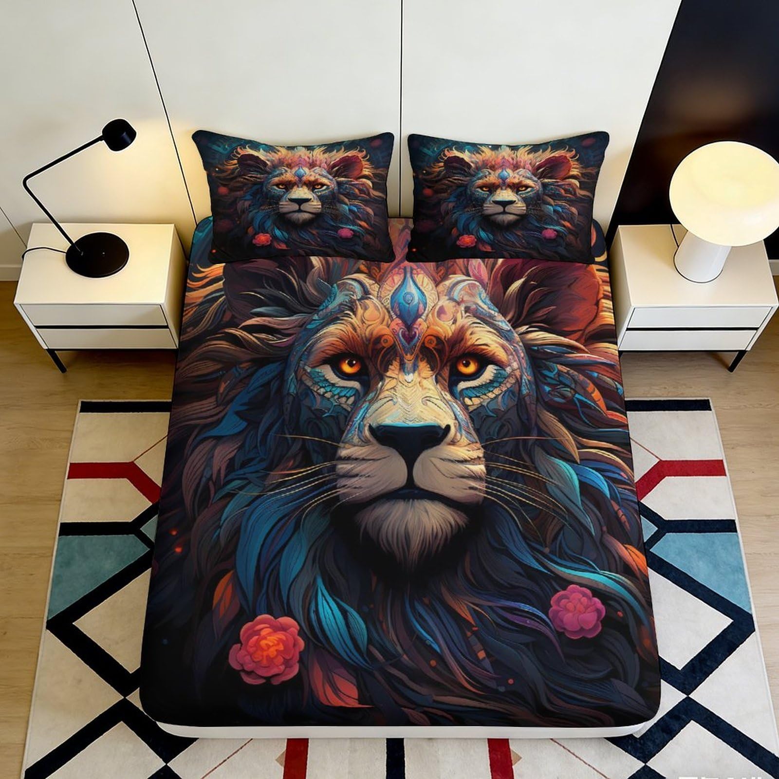 3D Printed Majestic Lion Fitted Sheet Microfiber Soft Bed Sheet Wild Mane Mattress Cover for Bedroom Dorm Decor 90x200x25cm
