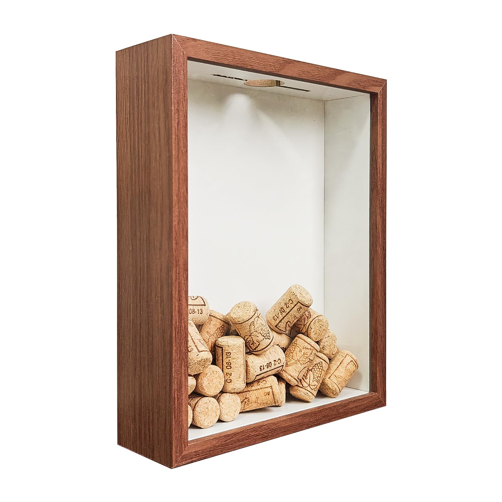 Wood Wine Cork Shadow Box 10.5" x 8.5" Holder Frame, Top Loading Slot for Home & Bar Décor, Free Standing or Wall Mounted Collection Box ，Walnut Color.