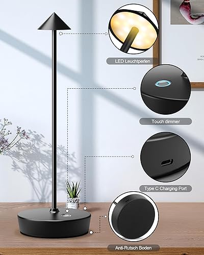 Miniatura 7 de Lámpara LED de escritorio con pilas, resistente al agua, 5000 mAh, inalámbrica, recargable, portátil, táctil, regulable, luz nocturna para patio,