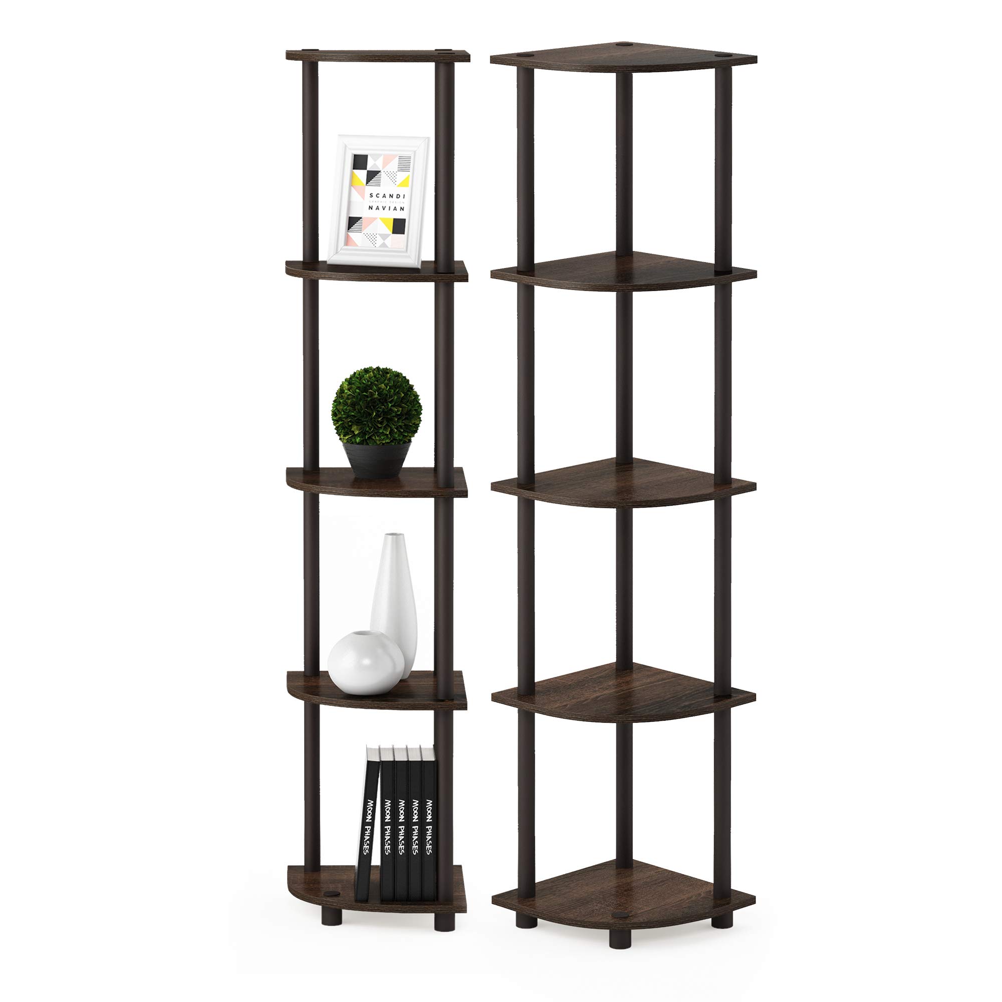 Furinno 5-stufiges Eckdisplay-Mehrzweckregal, holz, Walnuss/Braun, 29.46 x 29.46 x 146.56 cm