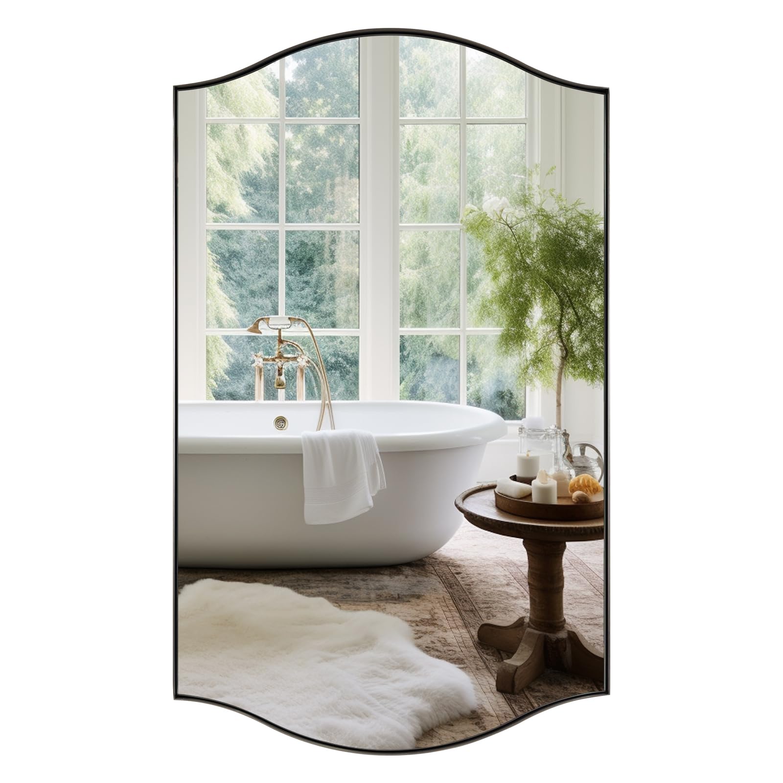 ANDY STAR Rectangle Scalloped Mirror, 24"x40" Brushed Nickel Bathroom Mirror in SUS304 Stainless Steel Metal Frame, Silver Vanity Mirror with Unique Arched Top Design