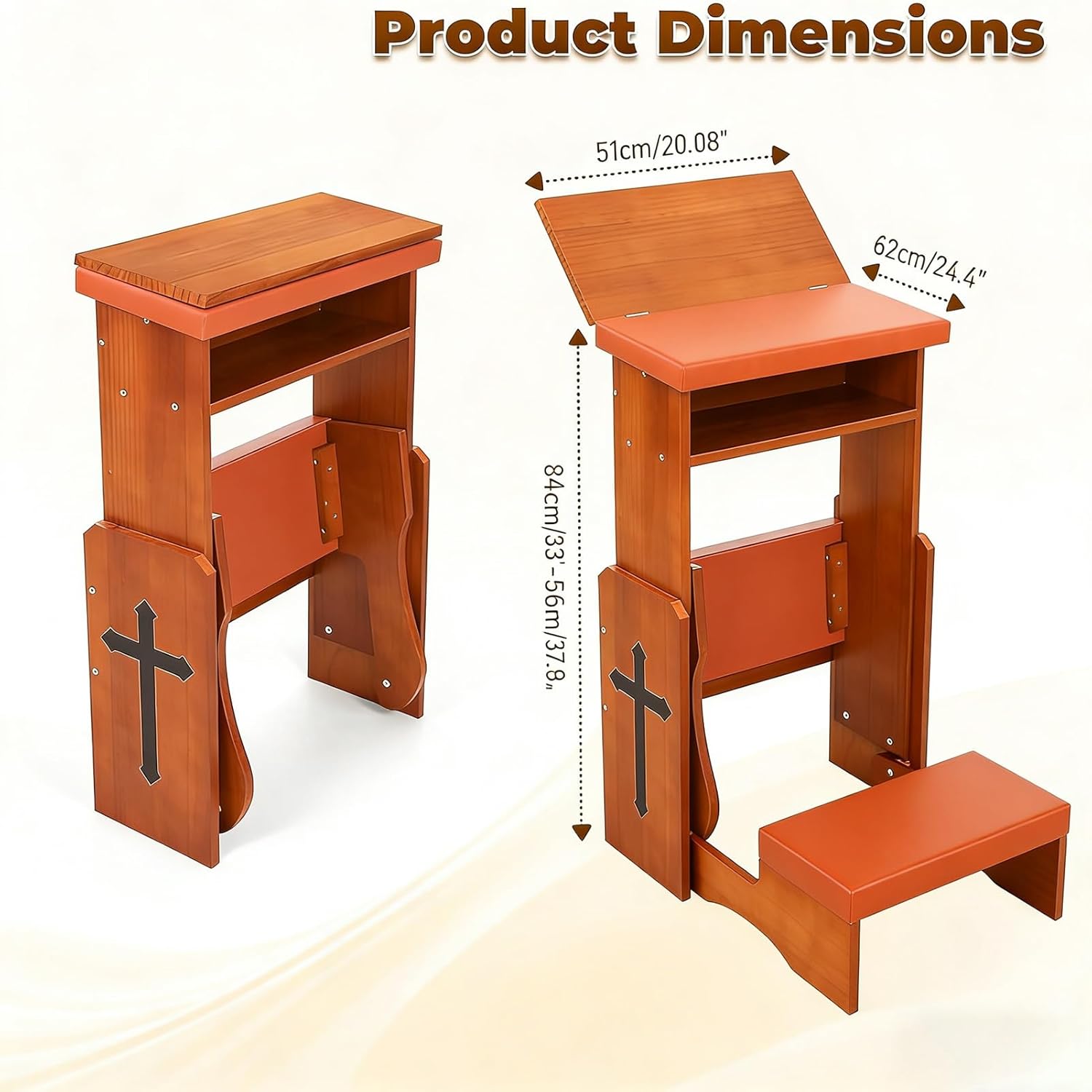 HOFSSI Solid Wood Prayer Bench Stool with Shelf and Cushion, Height-Adjustable Church Prayer Bench Table Chair Padded Kneeler for Kneeling at Home, Religious Gifts