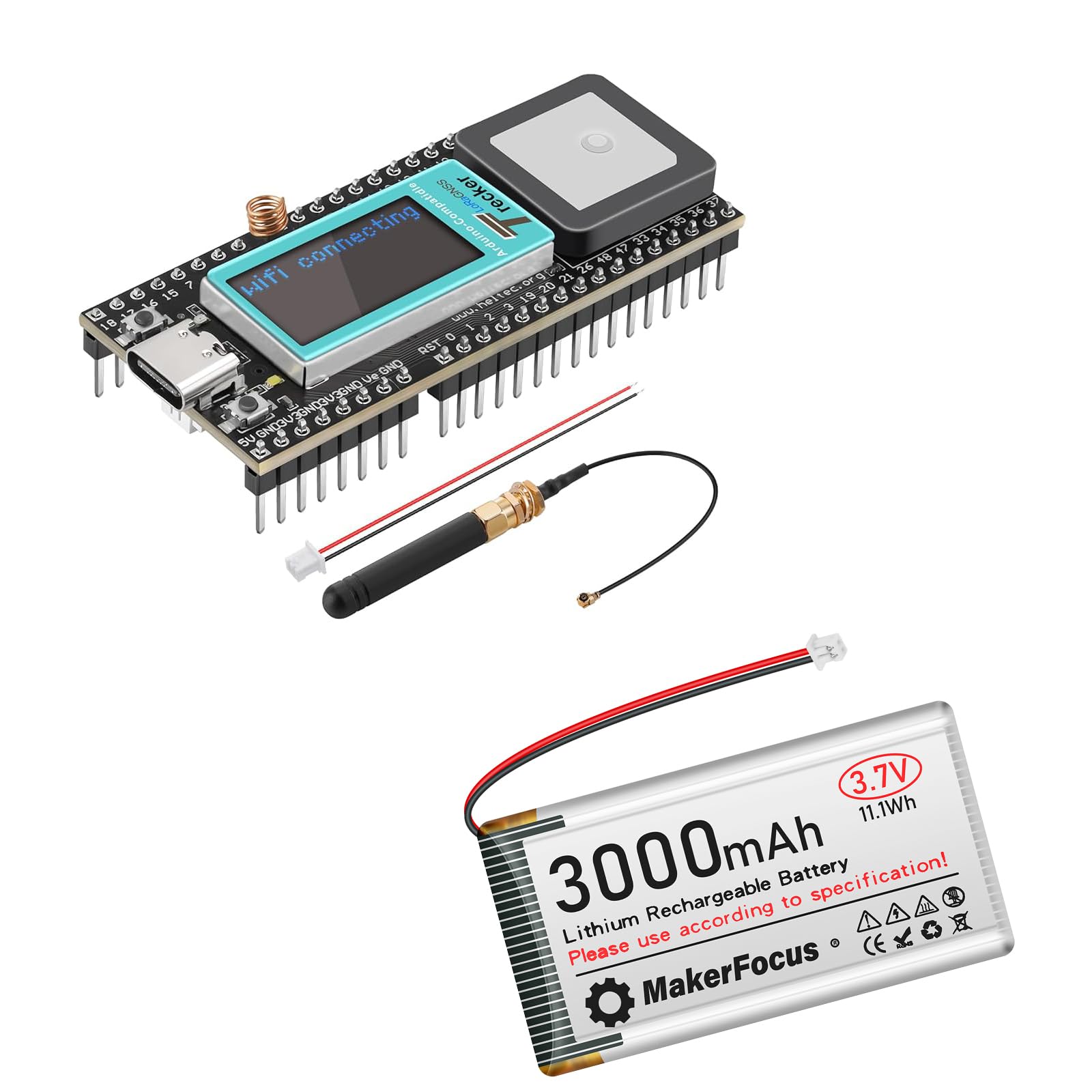 MakerFocus Wireless Tracker Supports GPS Galileo Multi-System Joint Positioning ESP32-S3 WiFi Bluetooth SX1262 UC6580 with 3000mAh Battery, 915MHz LoRa Antenna, 0.96-inch LCD Display for Meshtastic