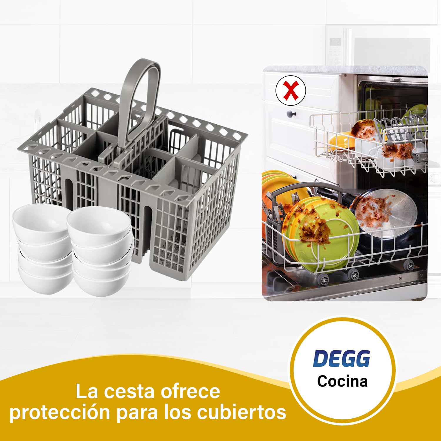 DEGG® Cesta Universal para Cubiertos de Lavavajillas | Cesta para Lavavajillas, Cesta para Cubiertos con Asa y Compartimentos, Resistente al Calor
