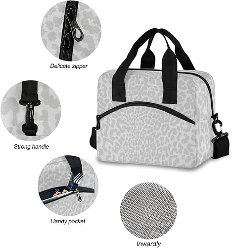 Miniatura 6 de Bolsa de almuerzo aislada con estampado de leopardo blanco, reutilizable, con correa para el hombro, para el trabajo, picnic, escuela, playa