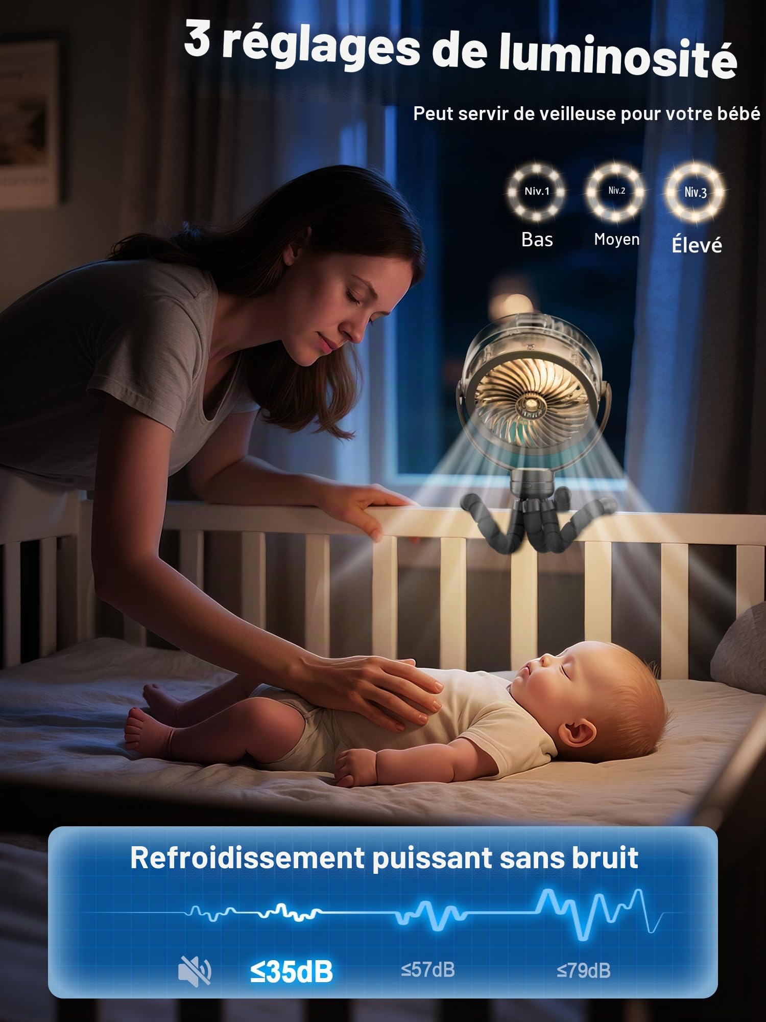 Ventilateur brumisateur pour poussette, 6000 mAh, batterie, portable avec lumière et pivot 360°, trépied flexible pour bébé, bureau, voyage, tapis