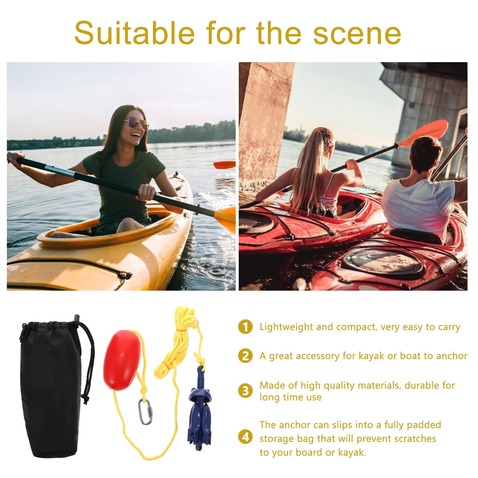 Levemolo Juego de 1 Set de Anclas Plegables de Aleación de Aluminio para Kayak y Balsa, Portátil y Fácil de Transportar Cuerda y Gancho de Resorte
