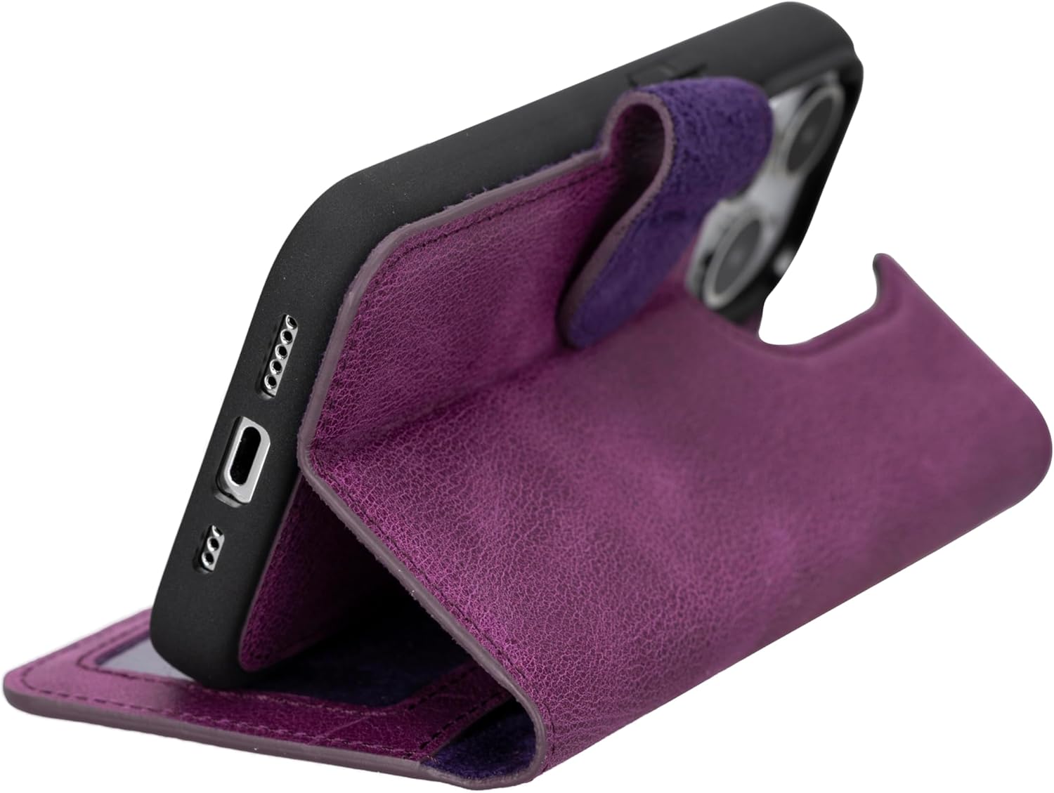 HARDISTON Genuine Leather Custom Wallet Case Compatible with iPhone 15 Pro - MagSafe Compatible - Pro Detachable Magnetic Flip Cover with Card Holders - Horizontal Kickstand (Purple)