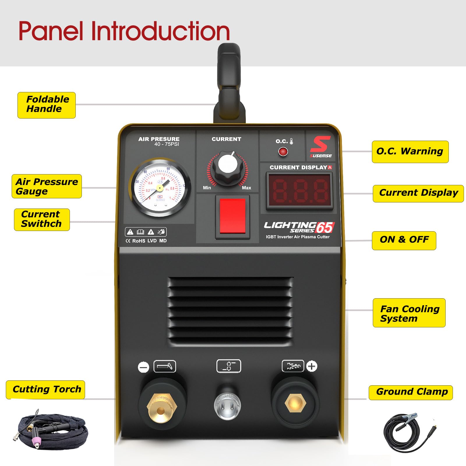 SUSEMSE Plasmaschneider 65 Ampere IGBT Inverter Plasma Cutter (DC, 230V, Schneidstrom 20-65 A, Schneidleistung max bis 16 mm) - mit Plasmabrenner und Plasma Düsen Set