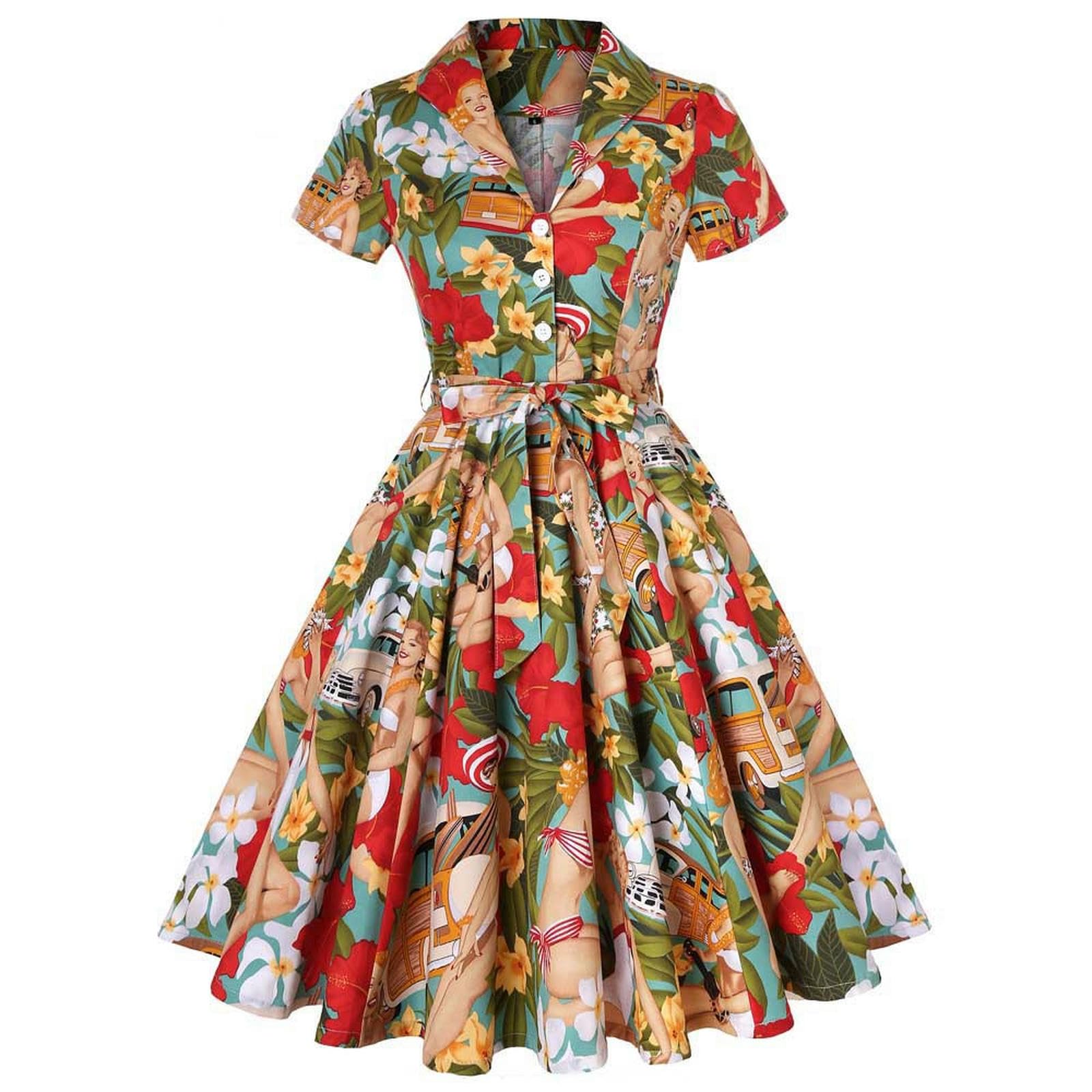 Robe à Lacets imprimée fraîche à Manches Courtes et à Revers rétro européen et américain en Coton avec Ceinture-Jaune Citron-M