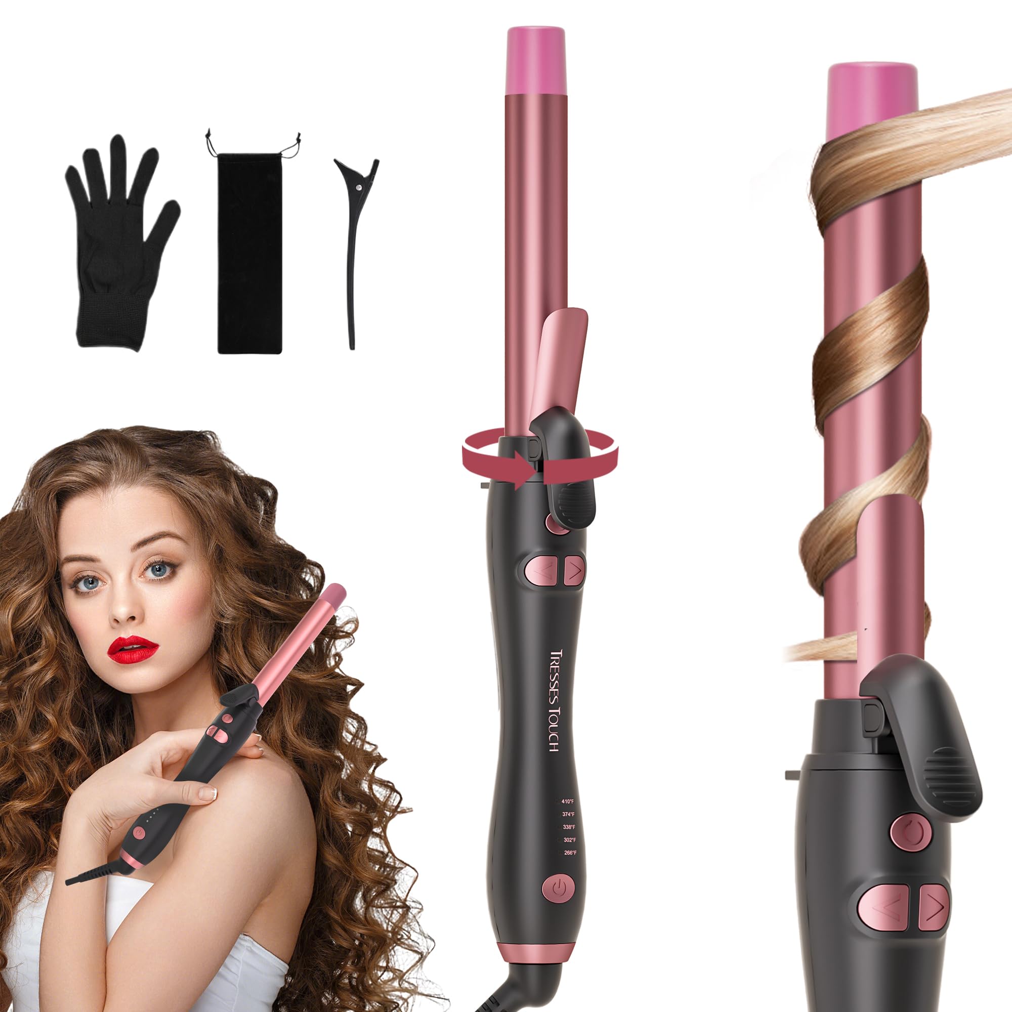 Rotating Curling Iron 1 Inch Automatic Extra-Long Barrel Curling Iron with 30s Fast Heating for Beginners Long Hair