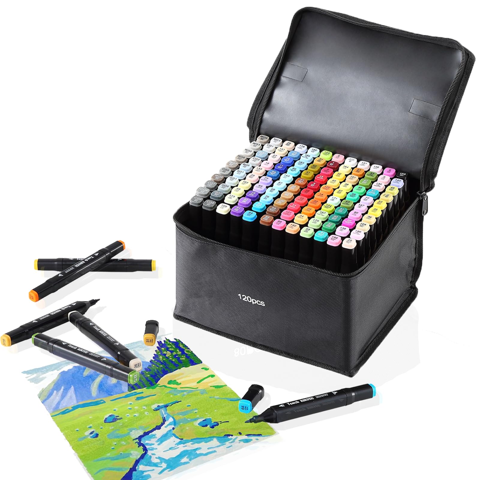 Hibisaws Set di 120 pennarelli a forma di pennarello a due lati, con punta di colore nero, per fumetti, schizzi, calligrafia, disegno, manga, illustrazione