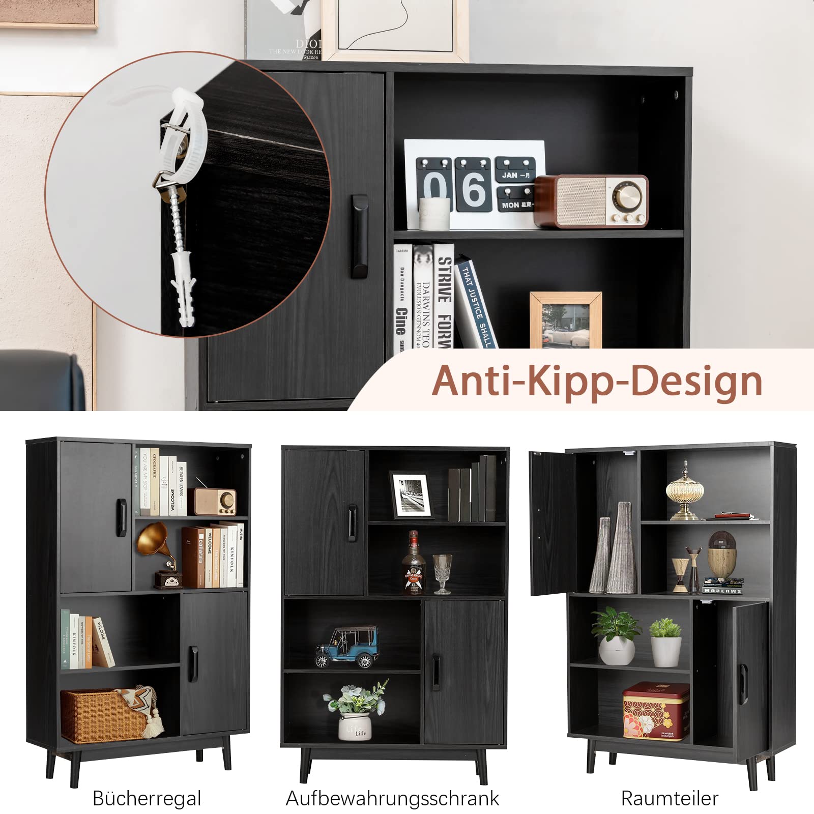 COSTWAY Bücherschrank mit 2 Türen und 4 offenen Regalen, Bücherregal Holz, Standregal, Holzregal, Aufbewahrungsregal für Wohnzimmer, Arbeitszimmer, Küche, 80 x 24 x 120 cm (Schwarz)