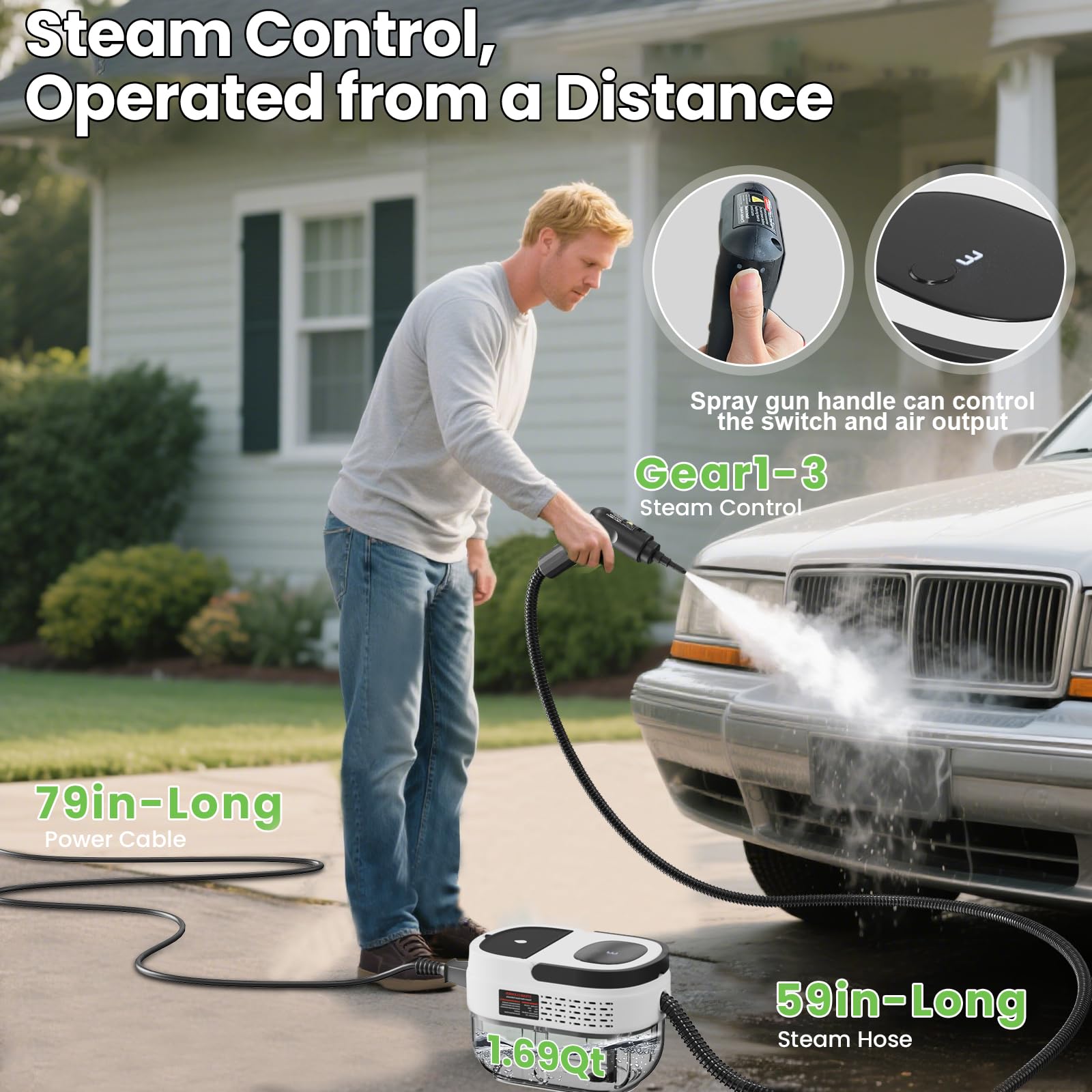 Goyappin Handheld Steam Cleaner for Home, 2500W High Pressure Steam Cleaner for Car Detailing, 3 Steam Levels, 1600Ml Tank, High Heat Steamer for Bed Bugs, Couch, Furniture, Kitchen, Bathroom, Floors