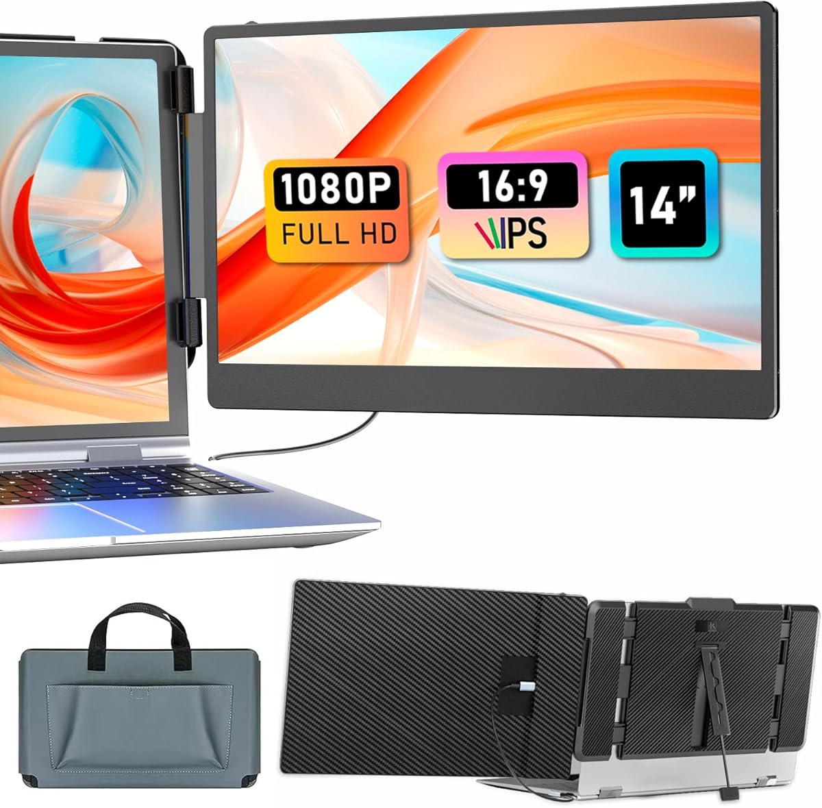 KEFEYA Laptop Screen Extender 14-inch, FHD 1080P IPS Laptop Monitor Extender Dual Screen, Portable Monitor for Laptops 13-17" with USB-C/HDMI Port, Plug n Play for Windows/Mac/Android/Switch/PS5