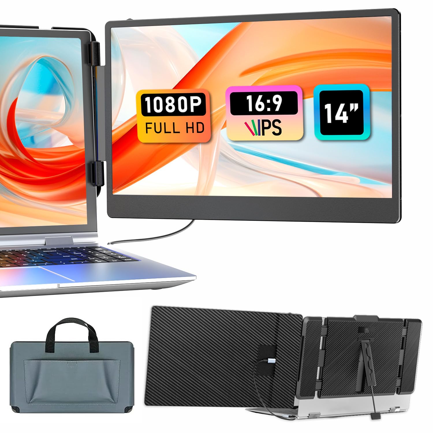 KEFEYA Laptop Screen Extender 14-inch, FHD 1080P IPS Laptop Monitor Extender Dual Screen, Portable Monitor for Laptops 13-17" with USB-C/HDMI Port, Plug n Play for Windows/Mac/Android/Switch/PS5
