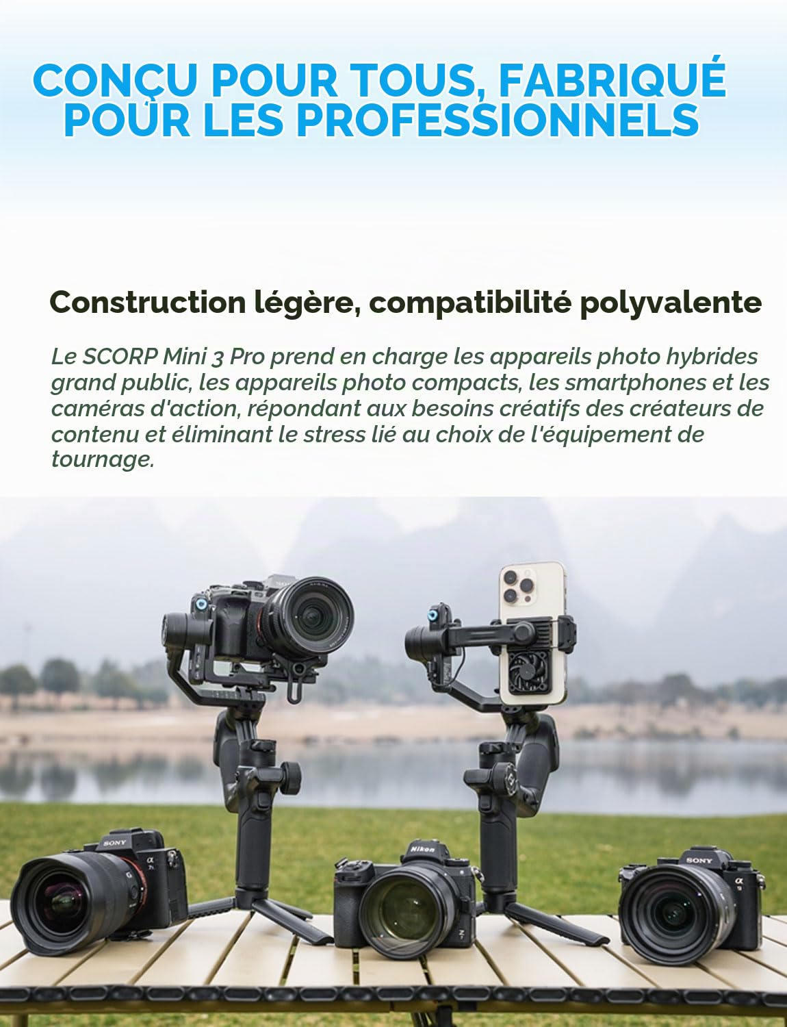 FeiyuTech SCORP Mini-3-Pro 4-en-1 Cardan Stabilisateur 3-Achsen,pour Appareil Photo/Smartphone/Caméra d'action, Suivi IA Intégré, Poignée de Commande Détachable, Charge Utile de 2 kg