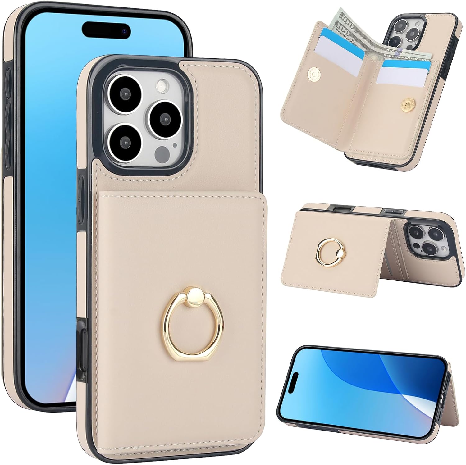 TIANLI Compatible with iPhone 16 Pro Max Wallet Case with Card Holder, 360° Rotation Ring Kickstand RFID Blocking PU Leather Double Magnetic Clasp Shockproof Cover for Women Man, Off White