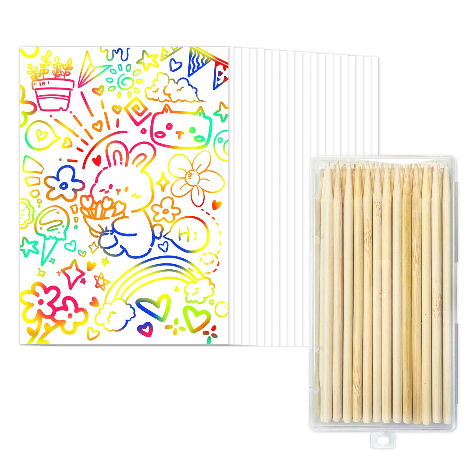 Minyaluck White-M60pcs 60 Pcs White Rainbow Scratch Art Paper - Magic Scratch Off Art Craft Supplies Kits
