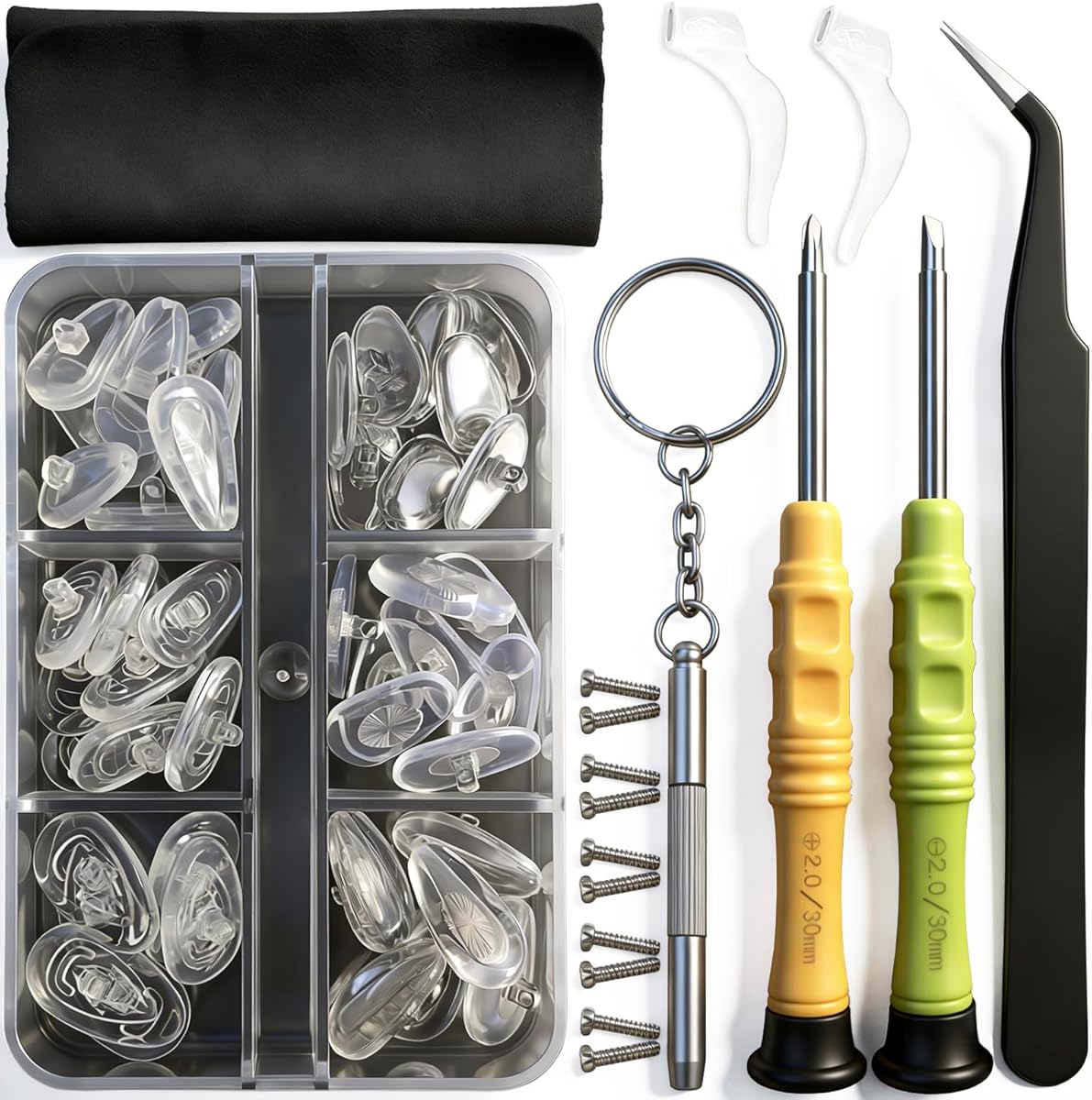 Eyeglass Nose Pads, GOTOBA 22 Pairs Screw-in Eyeglasses Nose Pads, Upgraded Glasses Nose Pad Replacement Kit with Eyeglass Screwdriver, Tweezers, Glasses Cloth, Small Screws.