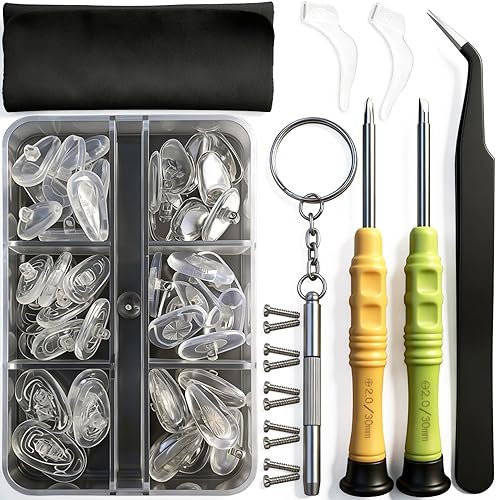 Juego de 22 pares de almohadillas de nariz atornilladas, kit de repuesto mejorado para lentes con destornillador para lentes, pinzas, paño para