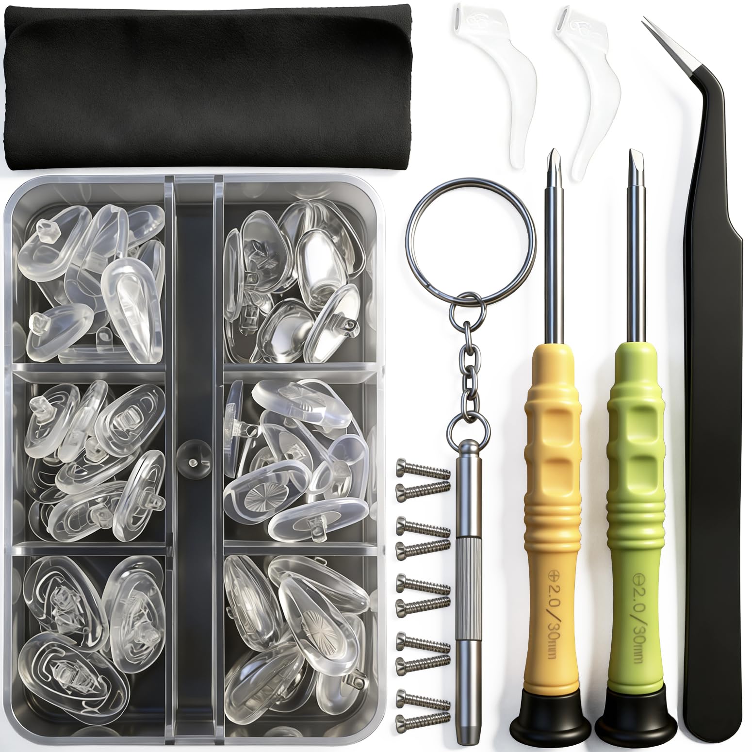 Eyeglass Nose Pads, 22 Pairs Screw-in Eyeglasses Nose Pads, Upgraded Glasses Nose Pad Kit with Eyeglass Screwdriver, Tweezers, Glasses Cloth, Small Screws.