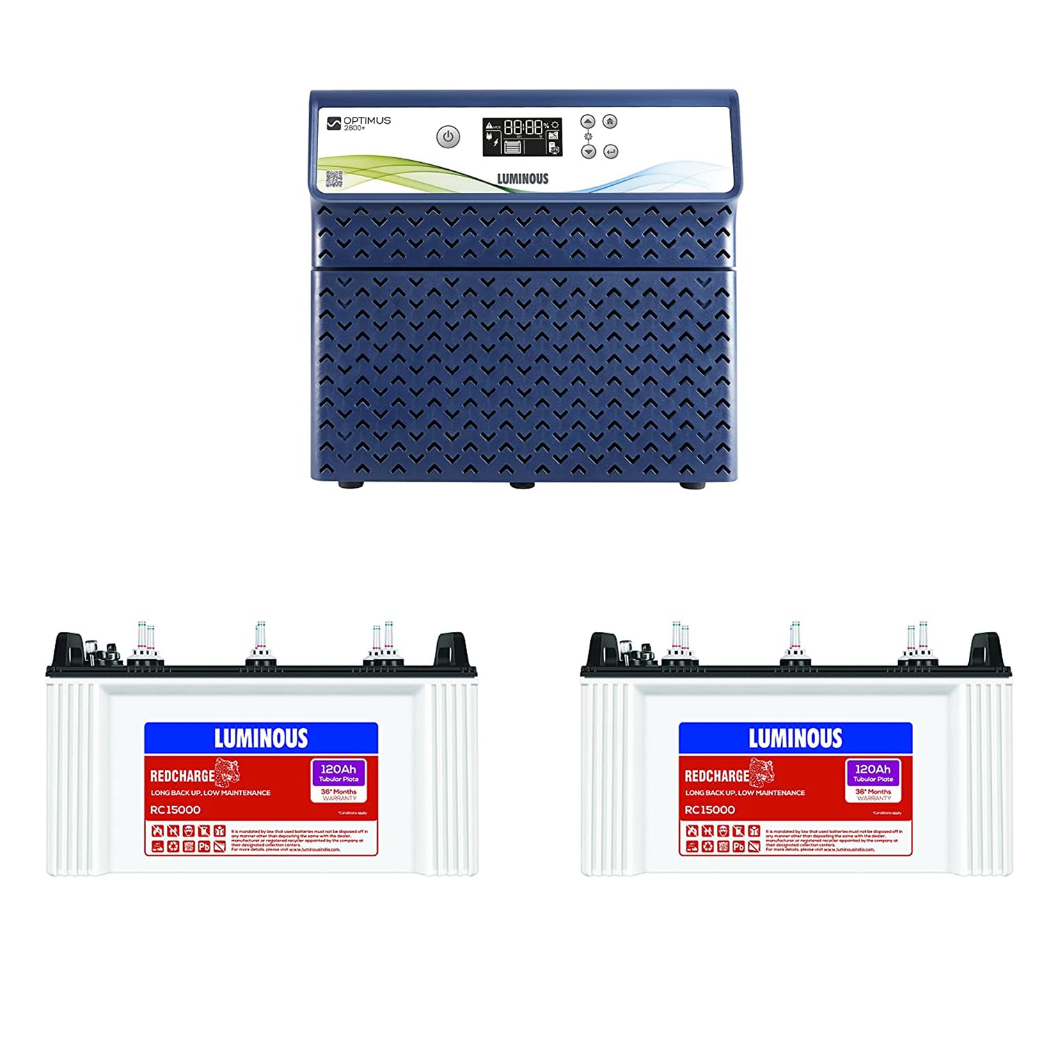 Luminous Inverter & Battery Combo (Optimus 2800 Pure Sine Wave 2500VA/24V Inverter with Red Charge RC 15000ST Short Tabular 120Ah Battery - 2 Batteries) for Home, Office & Shops-image-20