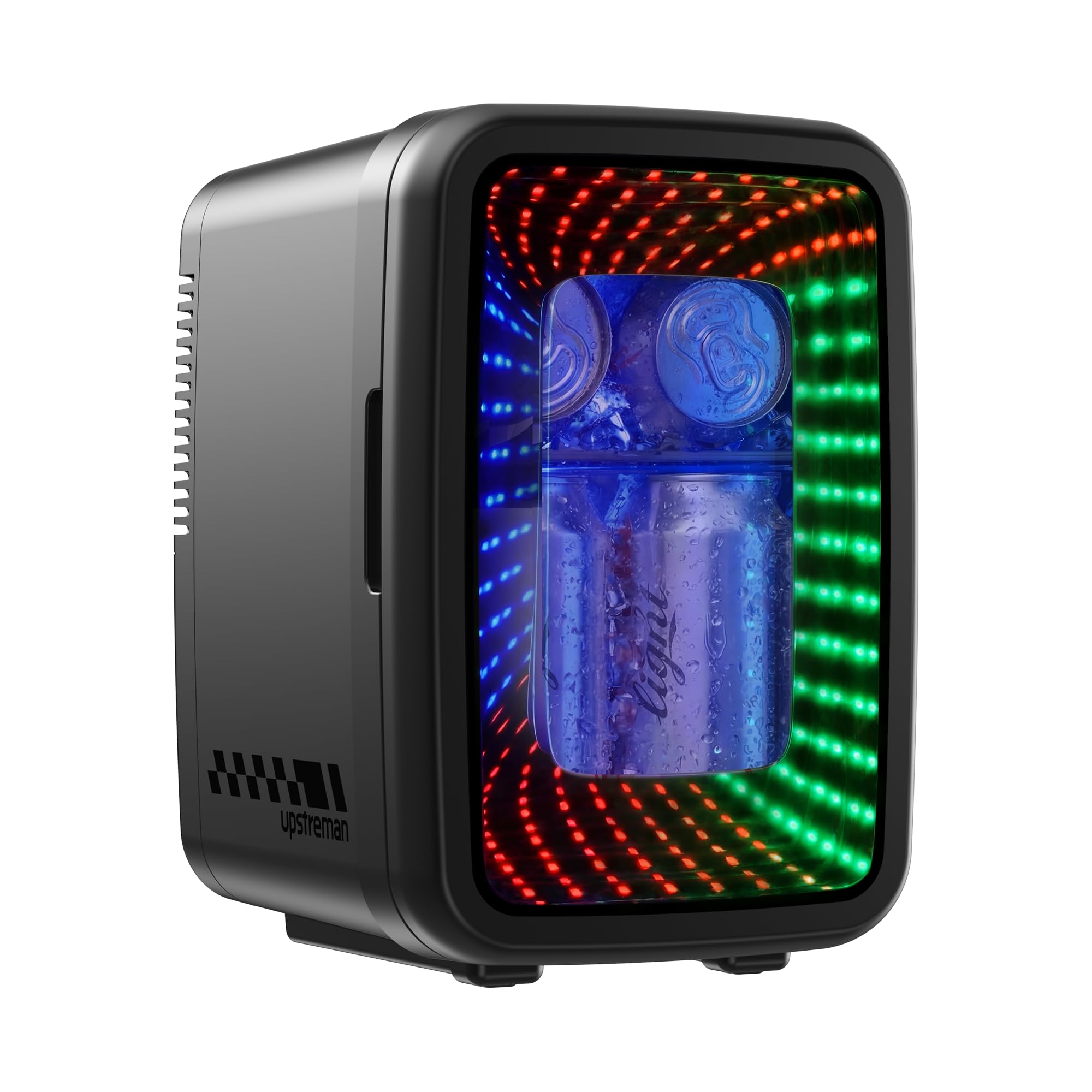Upstreman Mini Kühlschrank 4L / 6 Dosen, Minikühlschrank mit LED-Beleuchtung, 12V/220V, Mini Kühlschrank Gaming, Schlafsaal, Büro & Auto, Schwarz,TR4-S