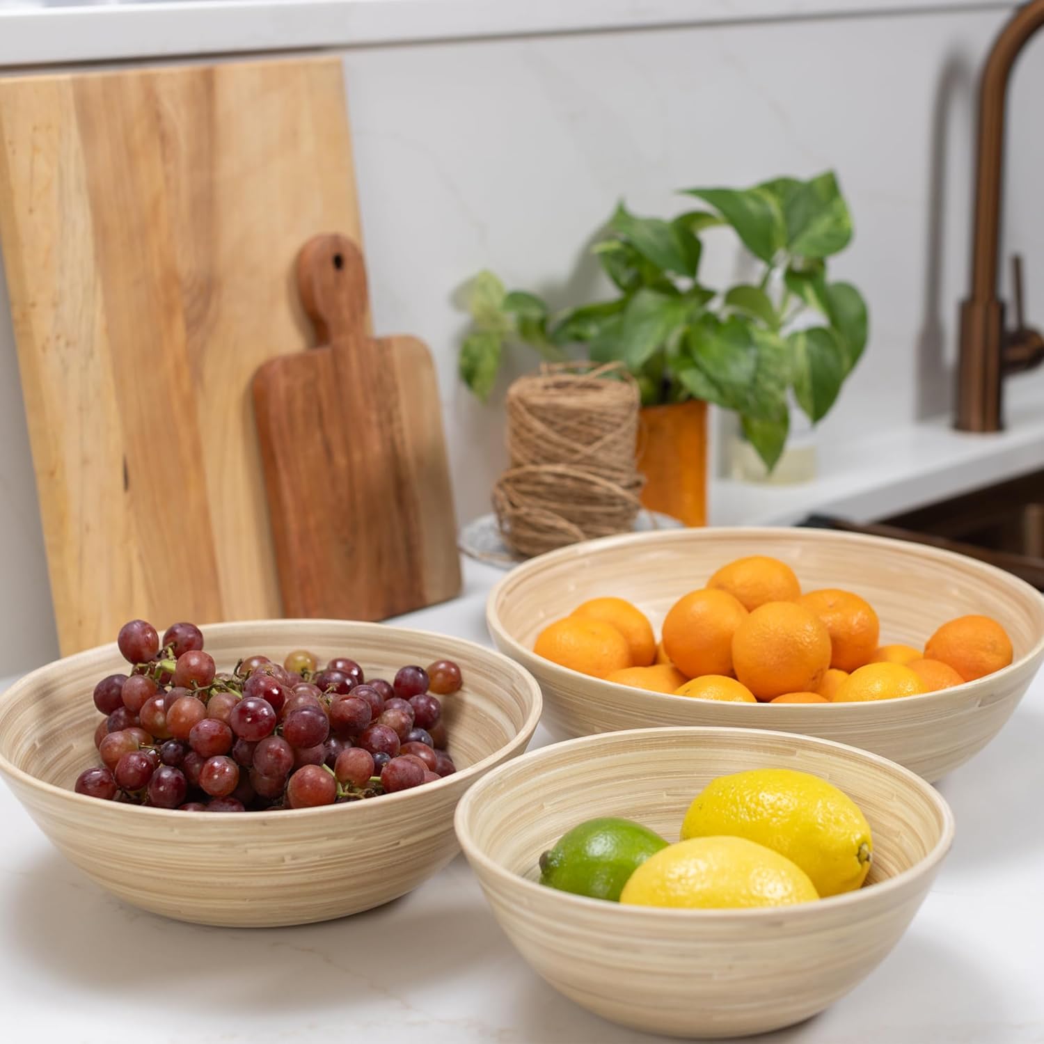 LEXA 5-Piece Handcrafted Bamboo Serving Bowl Set, 14”, 12”, 10”, 8” Bowls & Salad Utensils, Spun Bamboo Dinnerware, Artisan-Made for Entertaining, Serving & Home Décor (Natural)