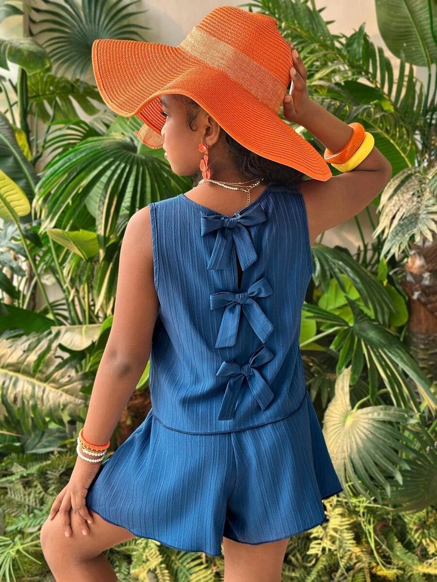 Girls Short Set Summer 2 Piece Outfit Toddler Clothes Sleeveless Bow Back Shirt and Short Set