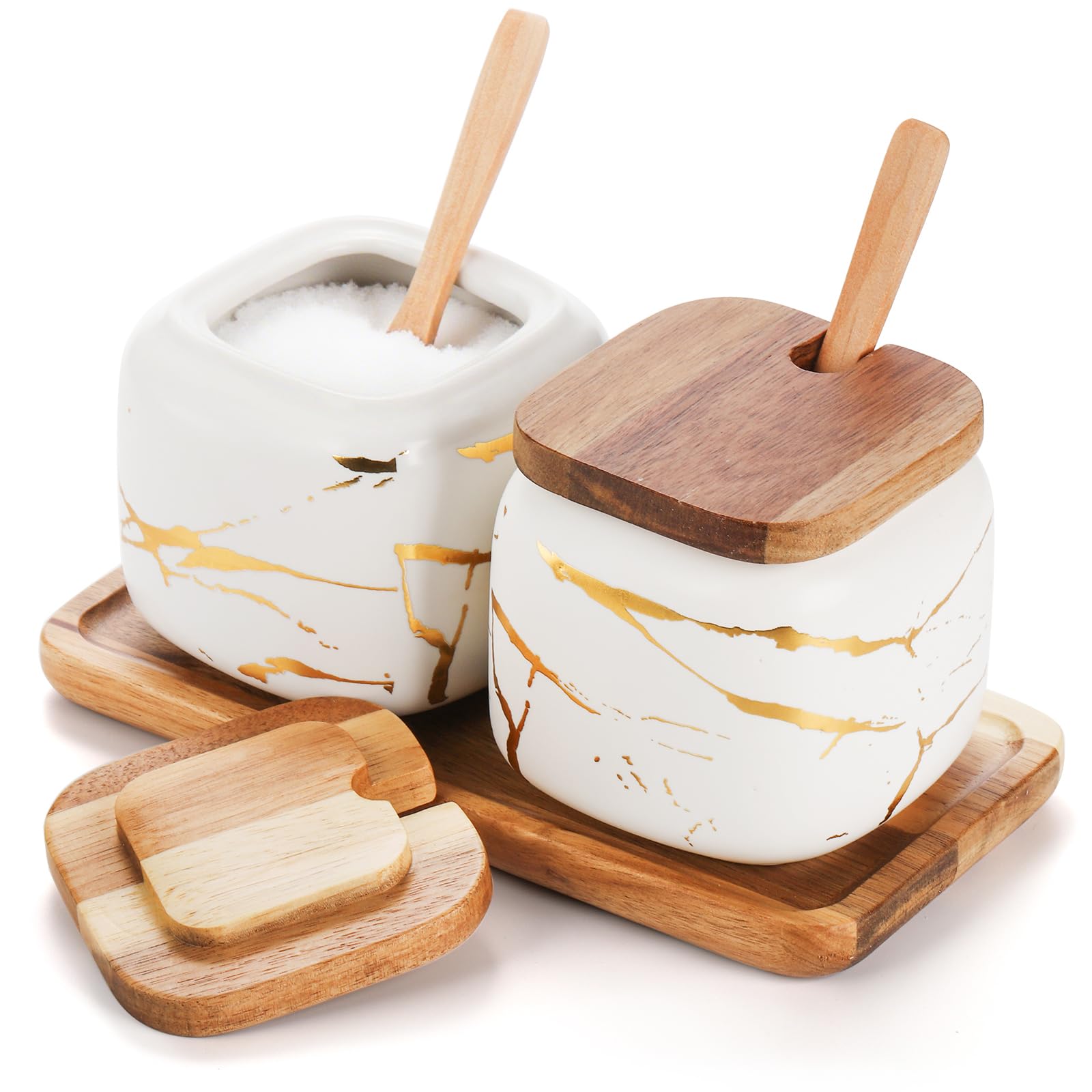 Dicunoy Paquete de 2 azucareros de cerámica, recipiente de sal y azúcar con tapas y cucharas, crema de azúcar de porcelana para cafetería, macetas de especias de condimentos con bandeja de madera para