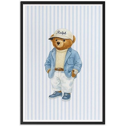 Funny Baseball Cap Suit Teddy Bear Poster Minimalist Animal Pictures Wall Art Canvas Printed Posters For Home Bedroom Dorm Bathroom Wall Decor 12X18 in Black Framed Ready To Hang