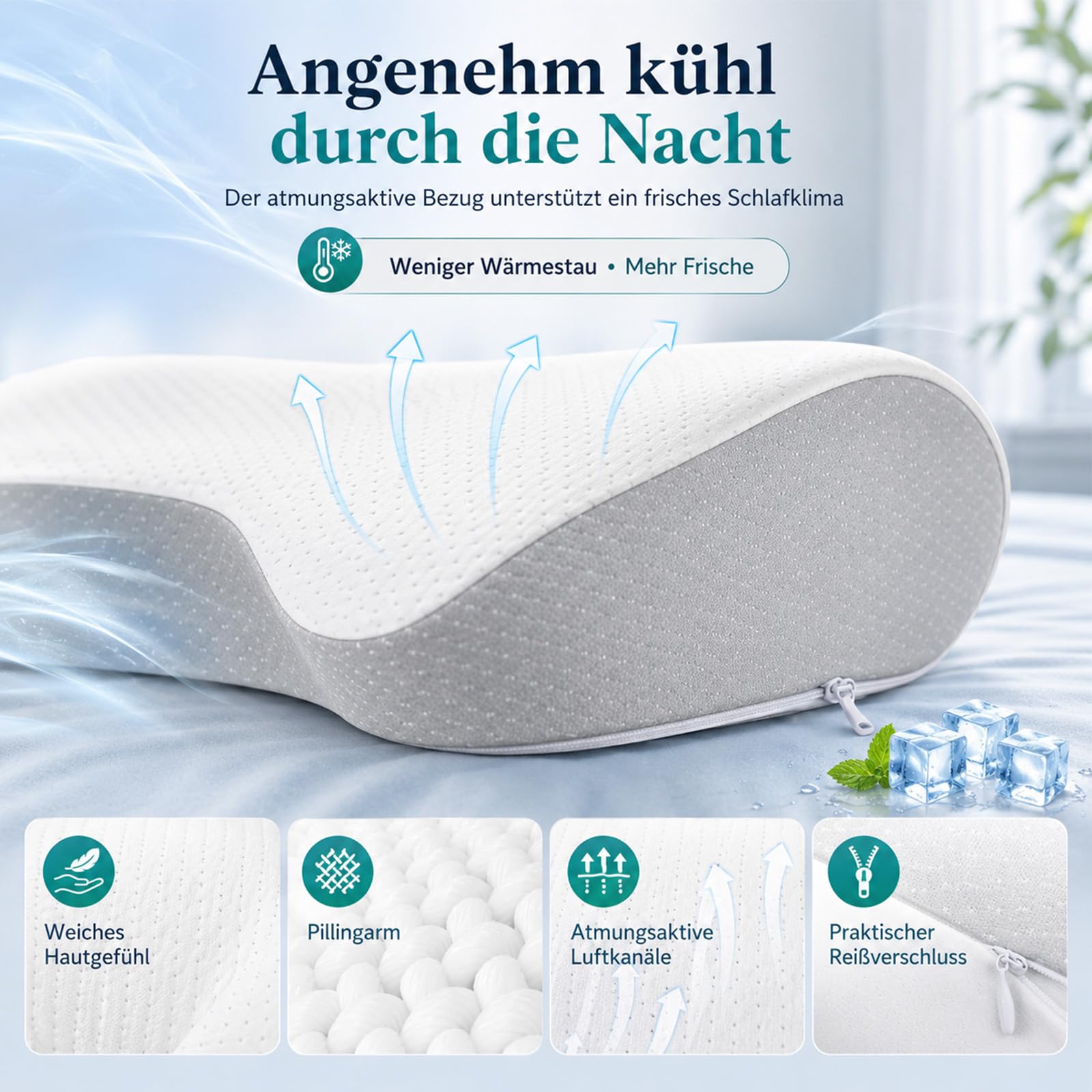 Nucca Kissen, Ergonomisches Nackenstützkissen aus Dual-Density-Schaum | Drei Komfortzonen, seitliche Armaussparungen und waschbarer Bambusmix-Bezug für Rücken-, Seiten- und Wechselschläfer.