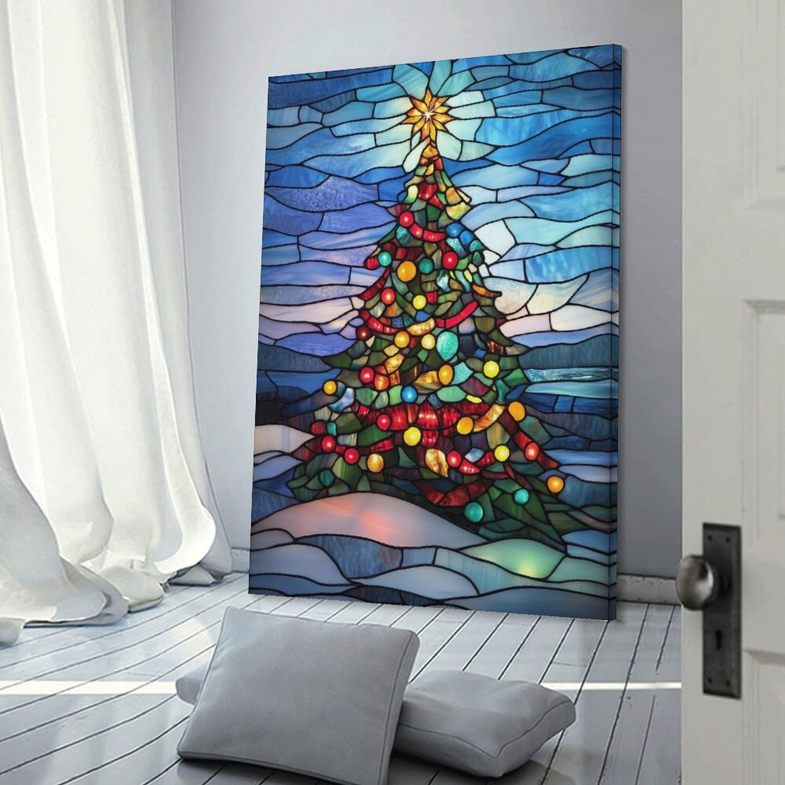 Junmoney Canvas Wall Decor Stained Glass Christmas Tree, 12x18inch(30x45cm), for Living Room, Bedroom, Office Or Hallway, Decorative Artwork with Broad Appeal