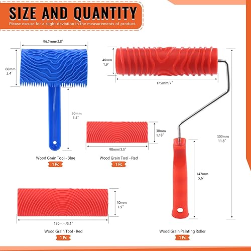 Miniatura 2 de Juego de 4 herramientas de pintura de grano de madera, herramienta de grano de madera de goma azul rojo y rodillo de patrón de textura de madera