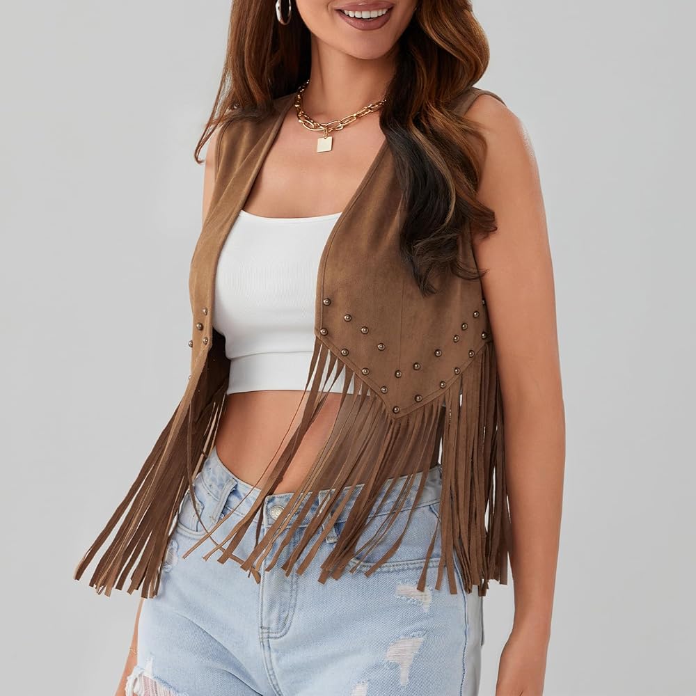 Kiluex Women Tasseled Suede Vest Sleeveless Open Front