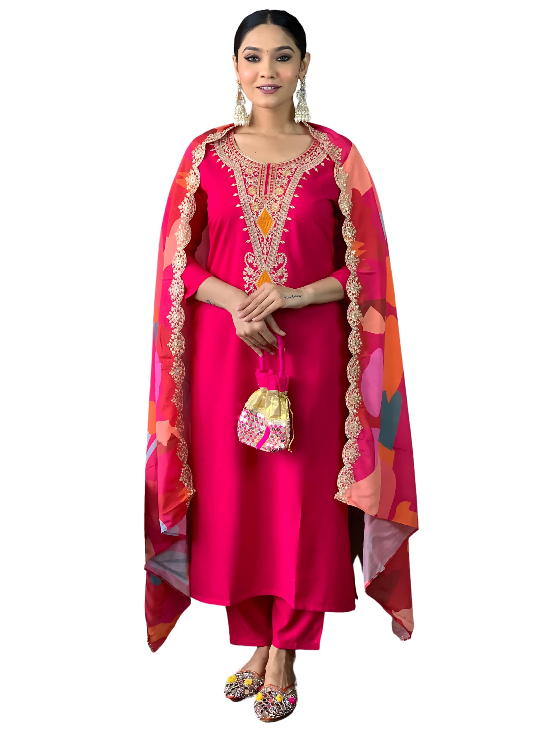 naixa Women's Red Viscose Silk Embroidered Straight Kurta with Pant and Dupatta Sets (NX-546)-picture-48