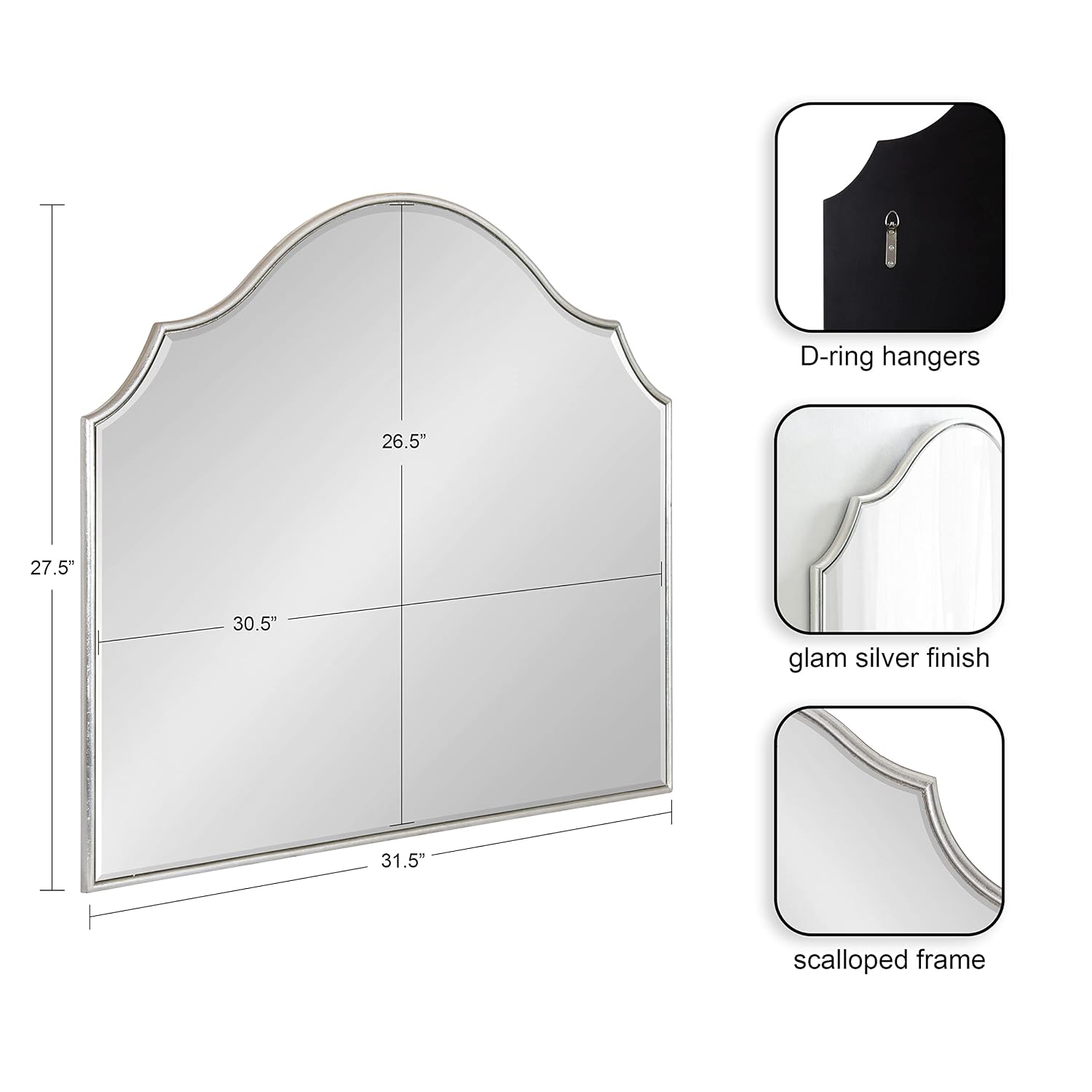 Kate and Laurel Leanna Glam Wide Horizontal Arch Wall Mirror; 28 x 32; Silver; Sophisticated Arched Bathroom Vanity Mirror with Soft Scallops and Slim Frame image 2