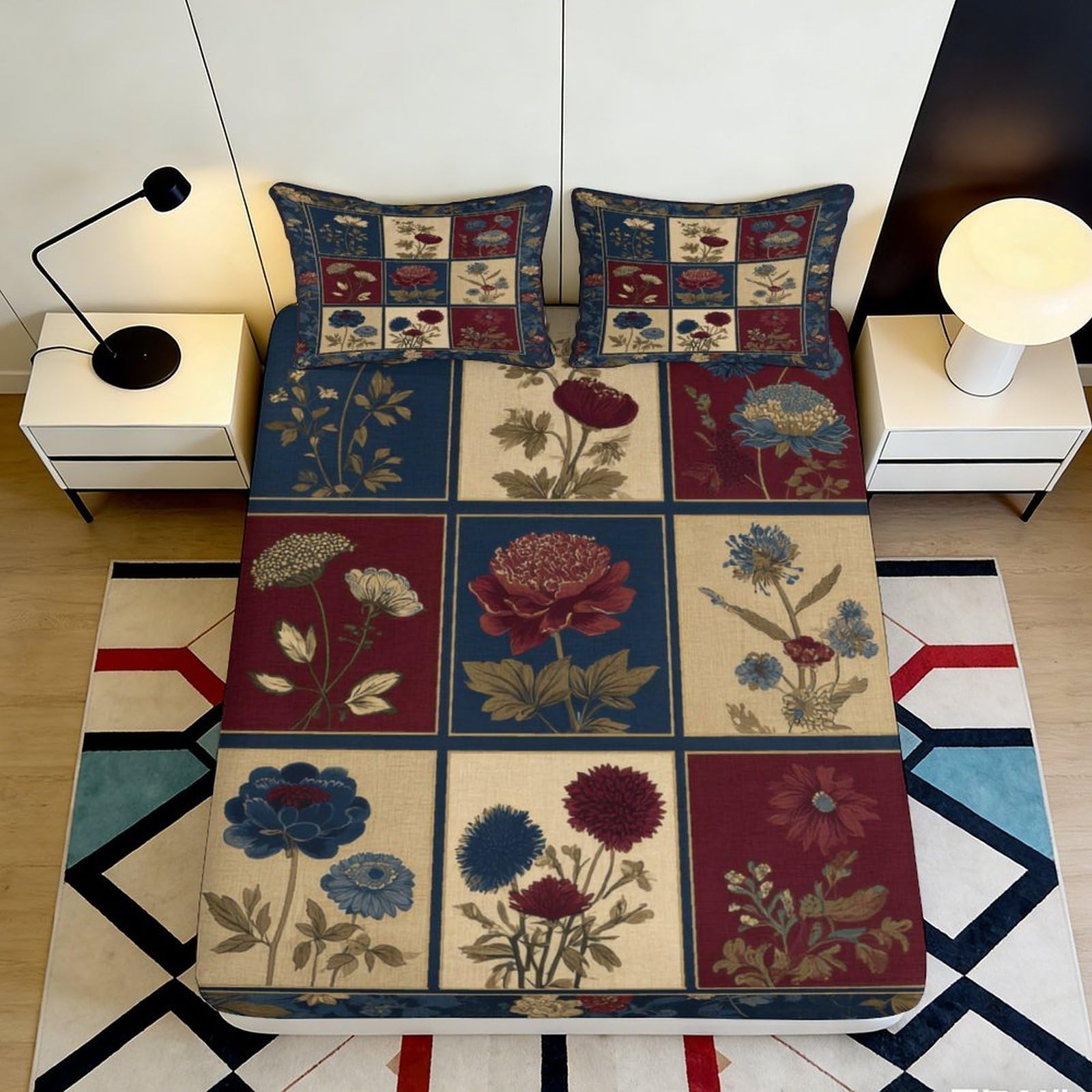 3D Printed Patchwork Floral Fitted Sheet Microfiber Deep Pocket Patchwork Floral Mattress Fitted Cover Non-Slip Bed Wrap for Adults 200x200x25cm
