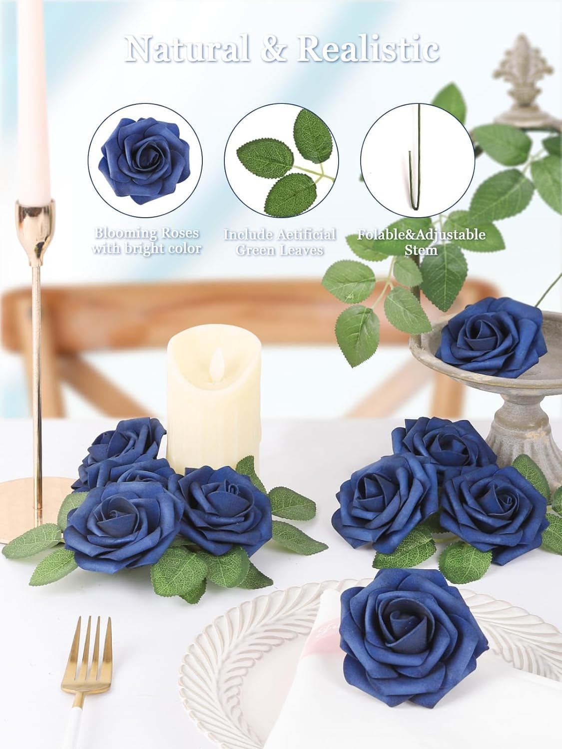 N&T NIETING Artificial Flowers Navy Blue Roses 25Pcs Fake Flowers Foam Roses with Stems for DIY Wedding Bridesmaid Bridal Bouquets Mother's Day Centerpieces Party Home Decoration Baby Shower - Image 4