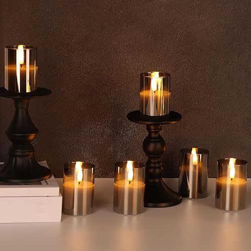 Miniatura 8 de Velas votivas sin llama de vidrio gris con temporizador remoto, velas LED parpadeantes de cera real, juego de 6  2 pulgadas de alto 3 pulgadas