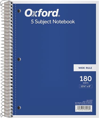 Oxford 5-Subject Notebook, 8" x 10-1/2", Wide Rule, 180 Sheets, 4 Dividers (6505