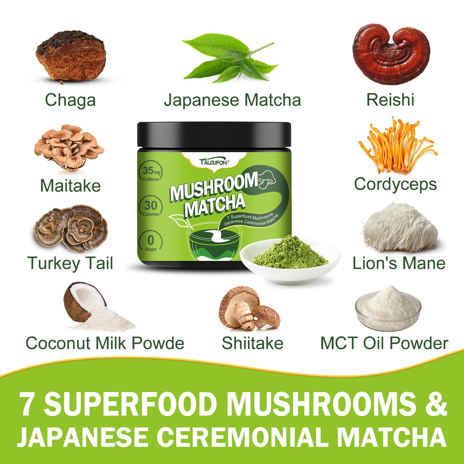 TALCUFON Mushroom Matcha 4 23 Oz Japanese Ceremonial Matcha Blend 7 Superfood Mushrooms All Natural Gluten Free Taste — view 2