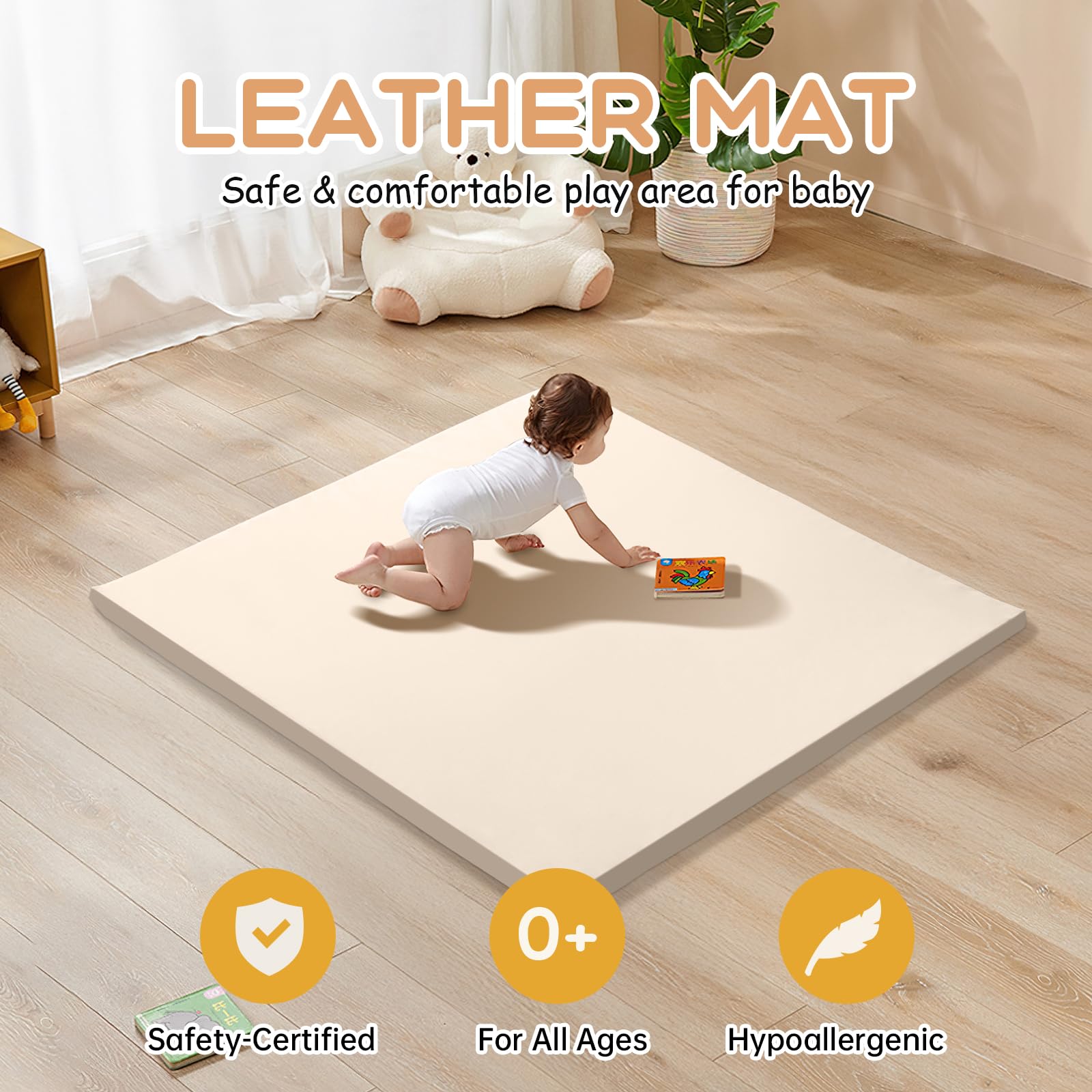 Leder Krabbelmatte Baby 125x125x3cm Beige: Extra Dicke Spielmatte für Baby & Kinder - Weich & Wasserdicht Krabbeldecke für Laufgitter