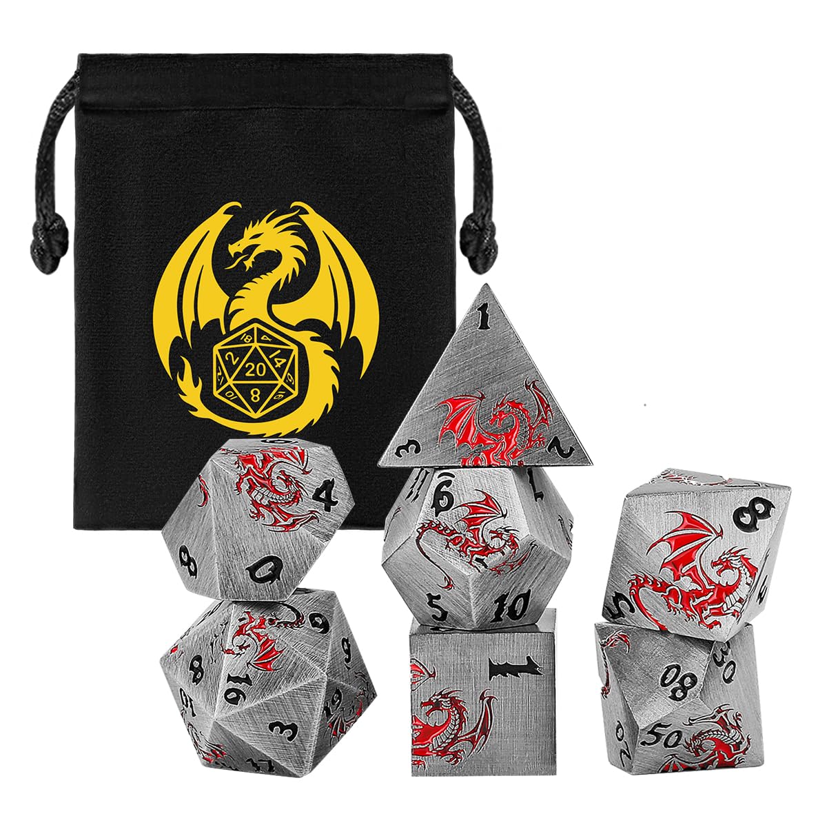 Metal Dice Set, Flat Face Design Dragon Pattern, 7pcs Polyhedral Metal DND Dice Set, DND Starter Set, D&D Gifts with Gift Bag, Role Playing Board Games Accessories, Silver