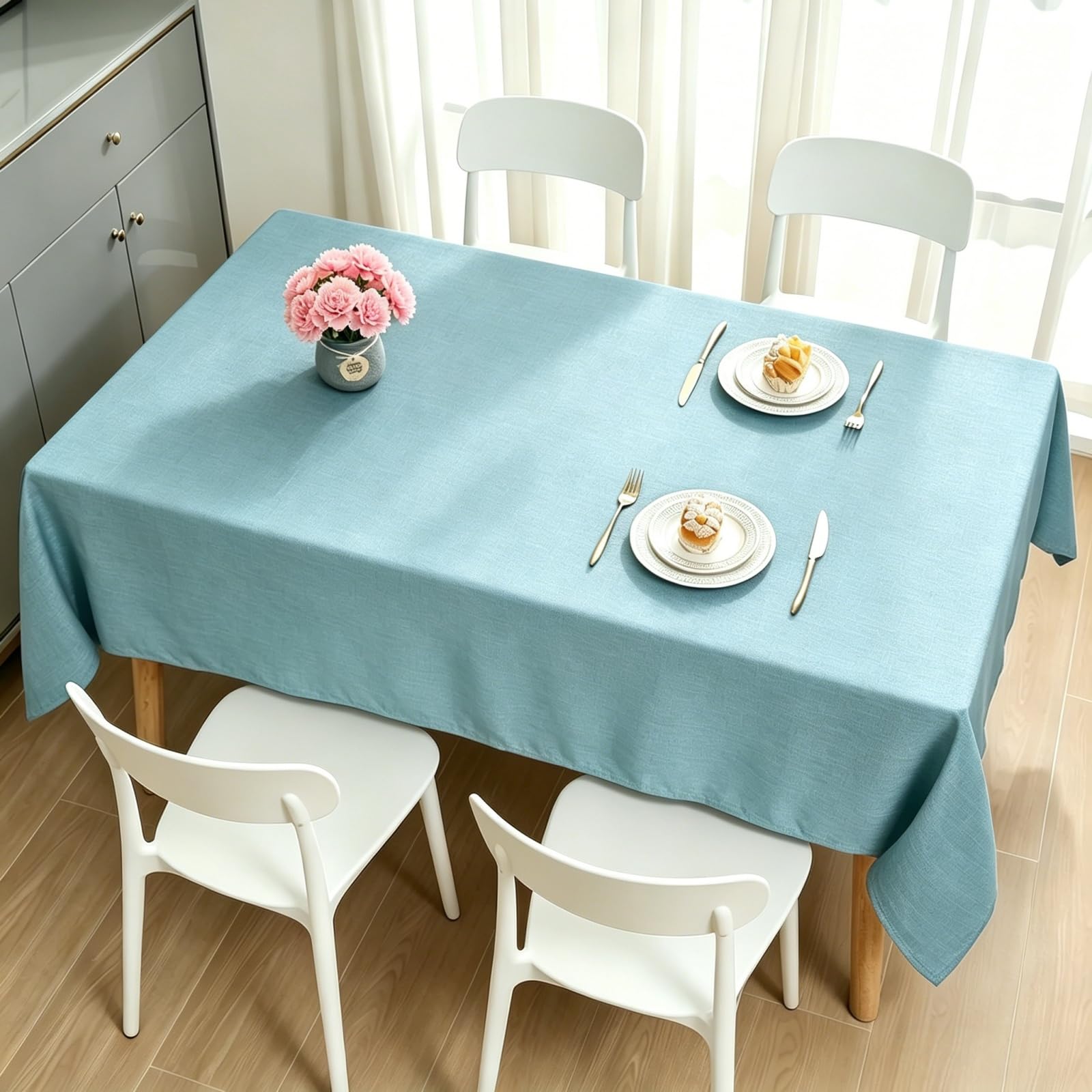 LIHUANE Table Cloth Rectangular 120 x 160 cm Faux Linen Solid Colour Table Cloths Wipe Clean Washable Polyester for Kitchen Outdoor Garden, Sky Blue