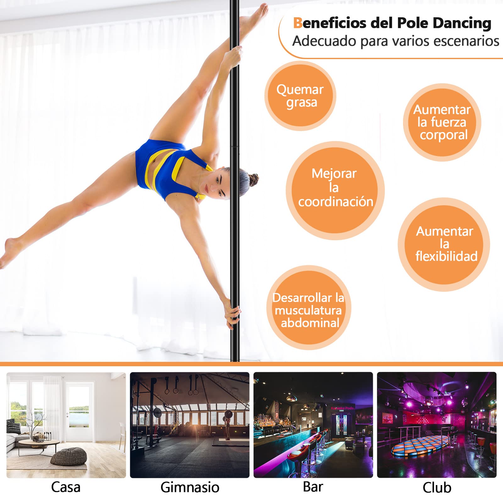 COSTWAY Barra de Baile Profesional Estática y Giratoria Pole Dance de 45 mm Altura Ajustable de 2,23 m a 2,82 m para Hogar Club hasta 200 kg