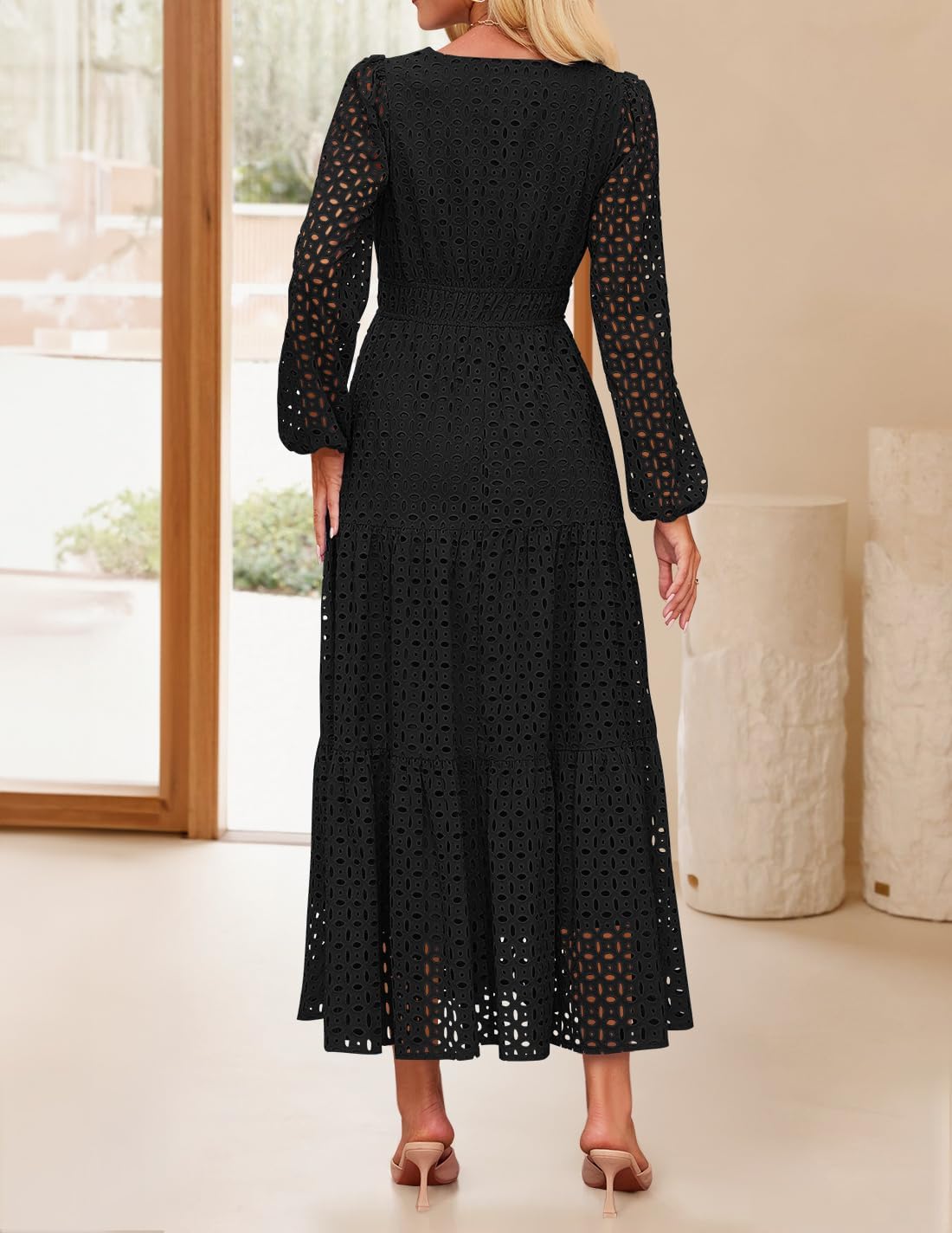 ZESICA Women's 2026 Spring Long Sleeve Maxi Dress V Neck Hollow Out Eyelet A Line Long Flowy Casual Party Dresses - Image 4