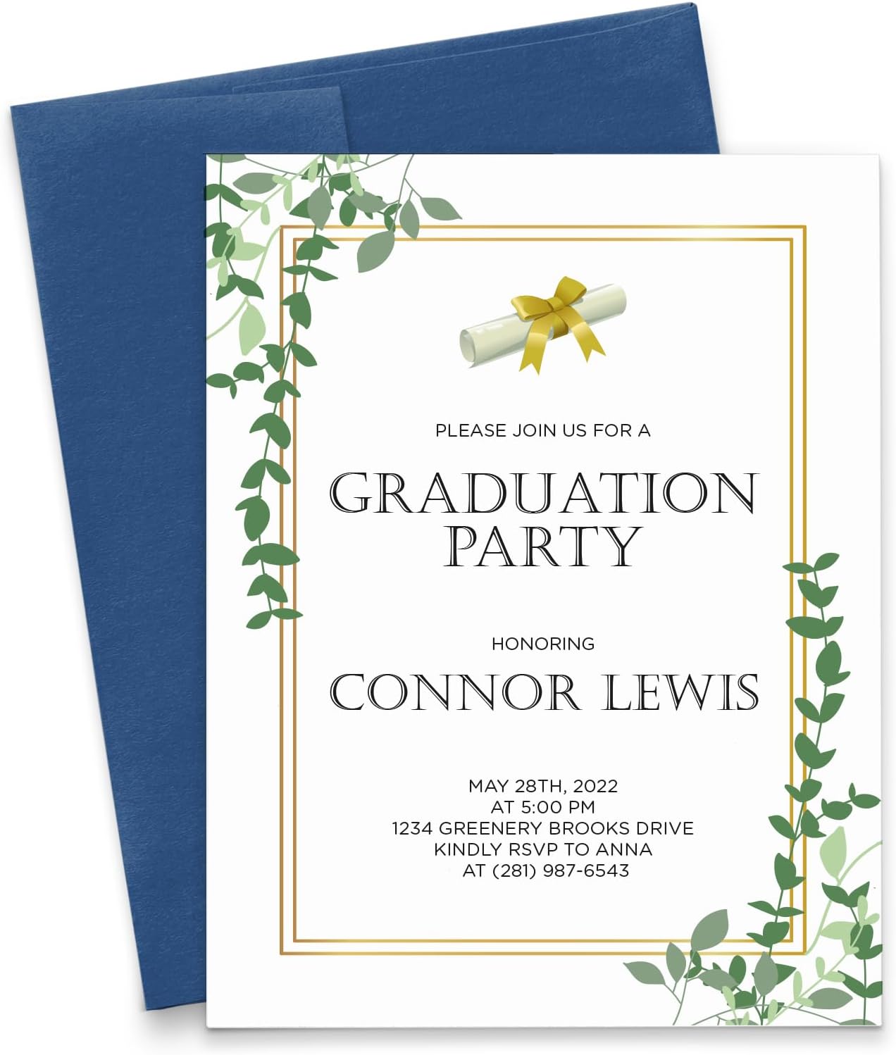 Personalized Greenery Graduation Party Invitation with Diploma, Elegant Graduation Party Invites with Gold Border, Custom Grad Party Invites, Your choice of Quantity and Envelope Color